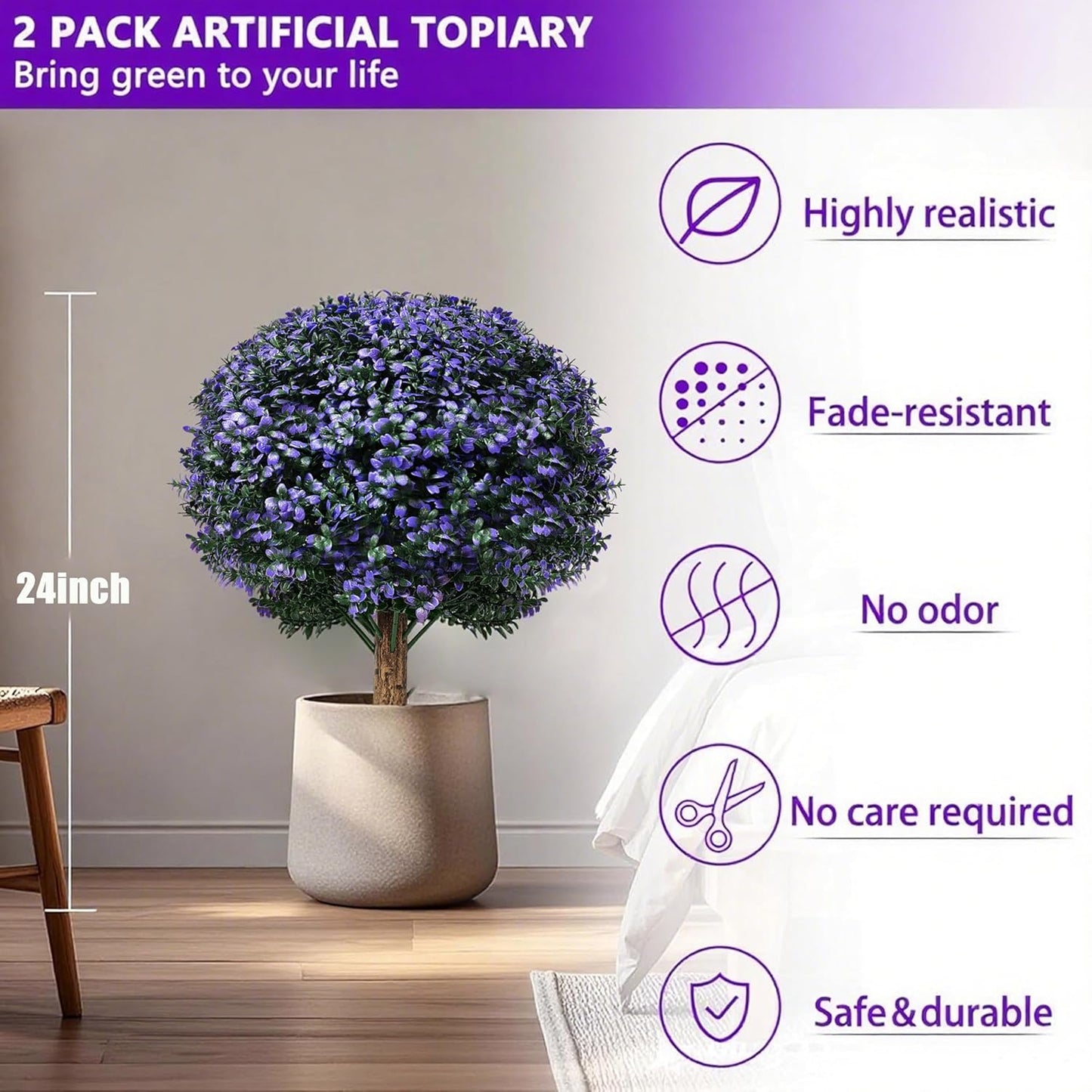 Set of 2 Artificial Boxwood Topiary Ball Trees Outdoor Faux Shrubs Artificial Boxwood Plants with Ground Spike, 24" Lavender Fake Evergreen Tree UV Resistant for Planter,Potted,Fall