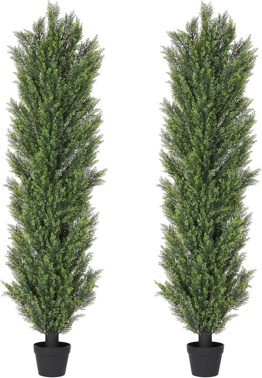 THE BLOOM TIMES 6ft Tall Topiary Trees Artificial Outdoor – UV Resistant Faux Cedar Pine Cypress Bushes and Shrubs, Fake Potted Plants for Front Porch Outside Planter Patio Decor, Set of 2 (6 Foot)
