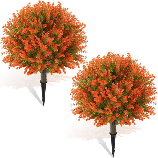 Yunlly 2 Pcs 18 Inch Fall Artificial Boxwood Ball Topiary Tree Outdoor Plants Bush, UV Resistance Faux Shrub with Spike Fall Porch Decor for Indoor Garden Yard Porch Patio Decor (Orange)