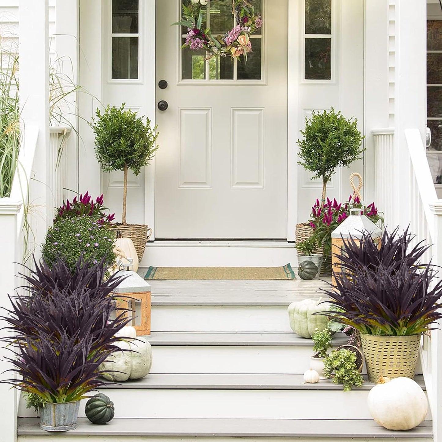 16Pcs Artificial Grass Fake Grass Plants 17.3in Outdoor Plants UV Resistant Faux Greenery Stems for Home Window Garden Patio Pathway Front Porch Halloween Décor Light Green & Purple