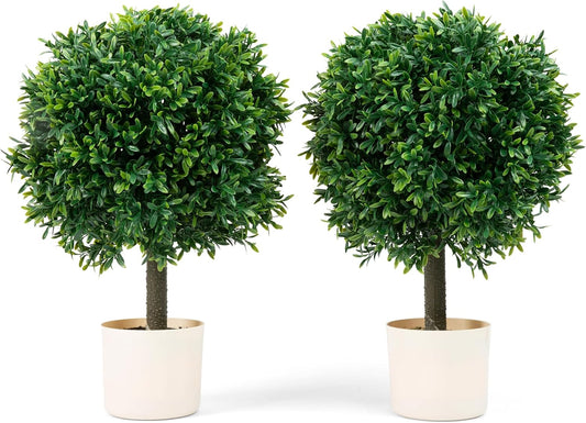 Premium 16" Diameter Artificial Japanese Boxwood Topiary – Set of 2 Faux Plants in Beige Decorative Planters – Realistic, UV-Resistant, Weatherproof Outdoor & Indoor Décor