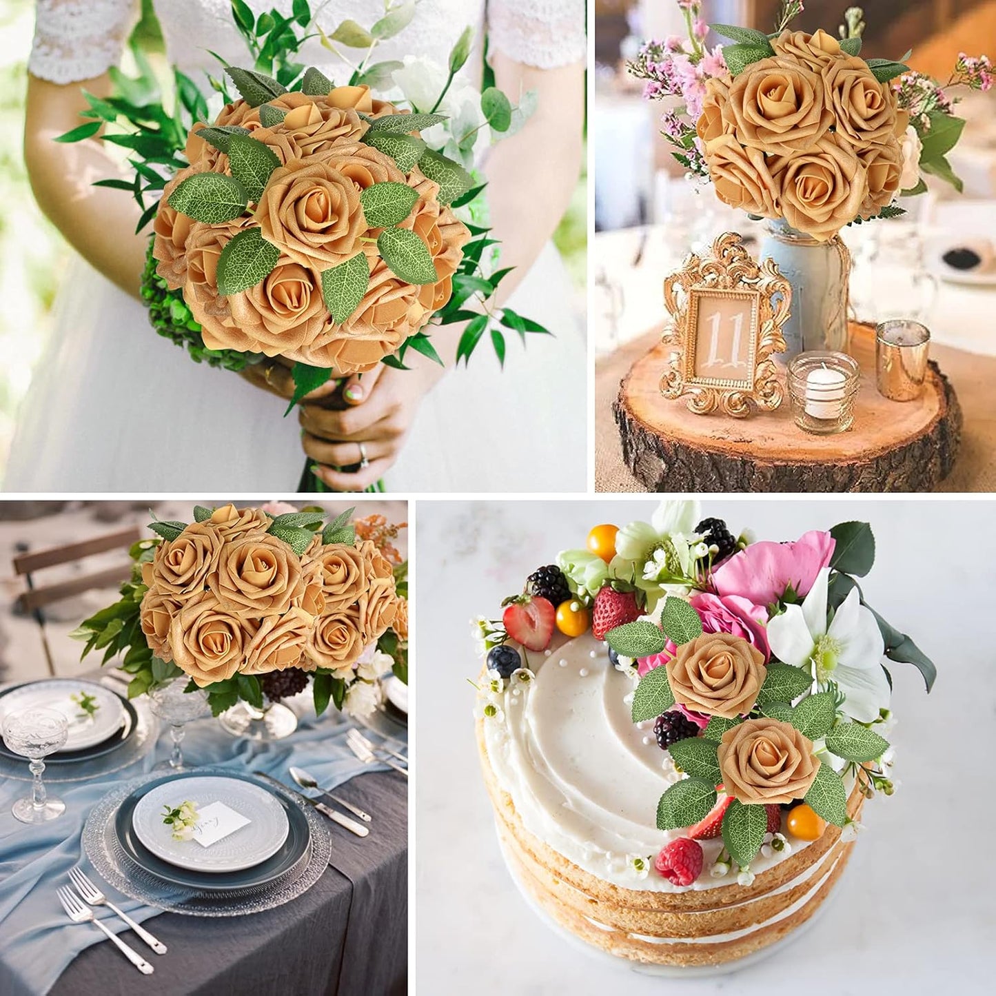 AmyHomie Artificial Flower Gold Rose 25pcs Real Looking Fake Roses w/Stem for DIY Wedding Bouquets Centerpieces Arrangements Party Baby Shower Home Decorations