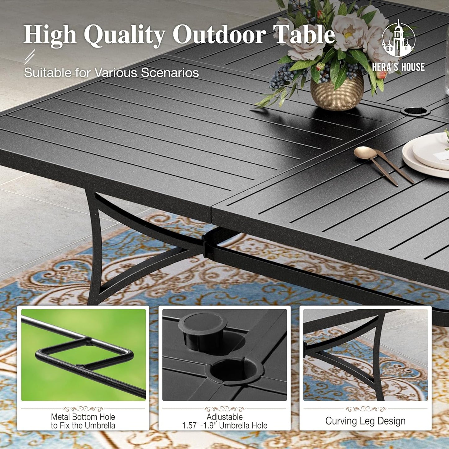 HERA'S HOUSE 9 Pieces Patio Dining Sets, 8 x Blue Textilene Dining Chair, 60" Square Metal Dining Table with 1.57" Umbrella Hole, Outdoor Table and Chairs Set for Lawn Garden Backyard Deck