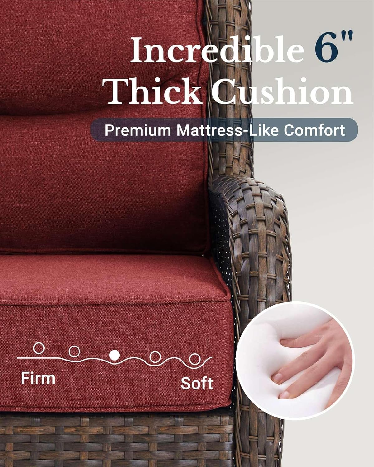 HILLGA Luxury Patio Furniture Set with 6-inch Thick Cushion, Outdoor Couch and High Back Swivel Rocker Patio Chairs, 7PCS Wicker Conversation Set for Deck Yard and Poolside, Burgundy (V2)