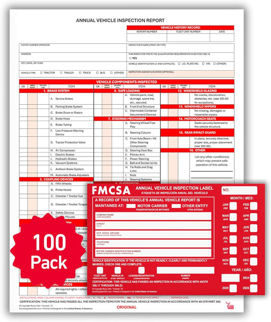 100 Pack 3-Ply Carbonless Annual Vehicle Inspection Report Forms with FMCSA Red Aluminum Adhesive Labels, DOT Inspection Forms and Stickers, Shrink-Wrapped, 8.5" x 11.75" - Made in USA