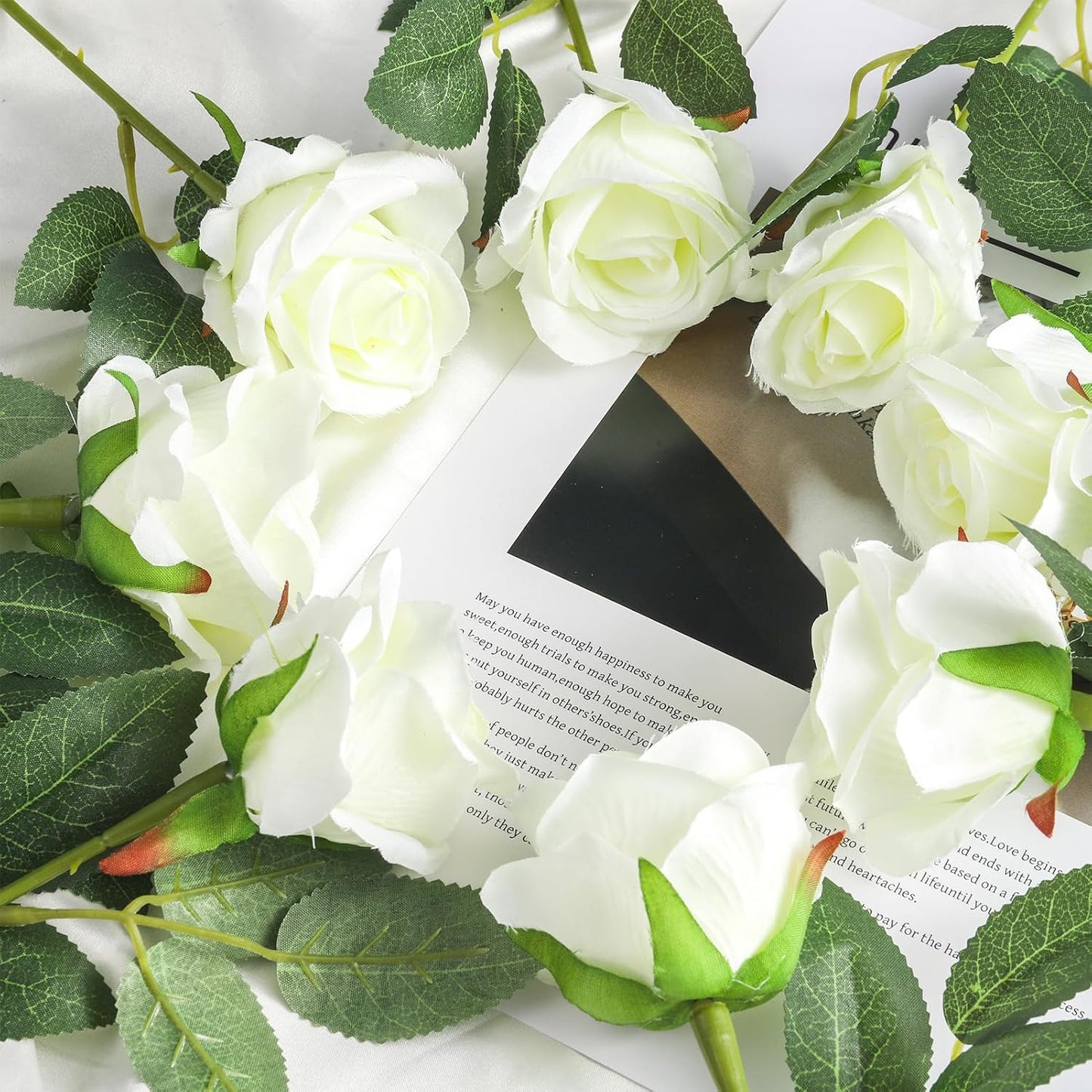 36 Pcs Silk White Rose Bouquet Bridal Artificial Flowers,Fake Rose Long Stem Realistic Artificial Flowers Bulk for Wedding Bouquet Ball Arrangement Centerpiece Party Decor