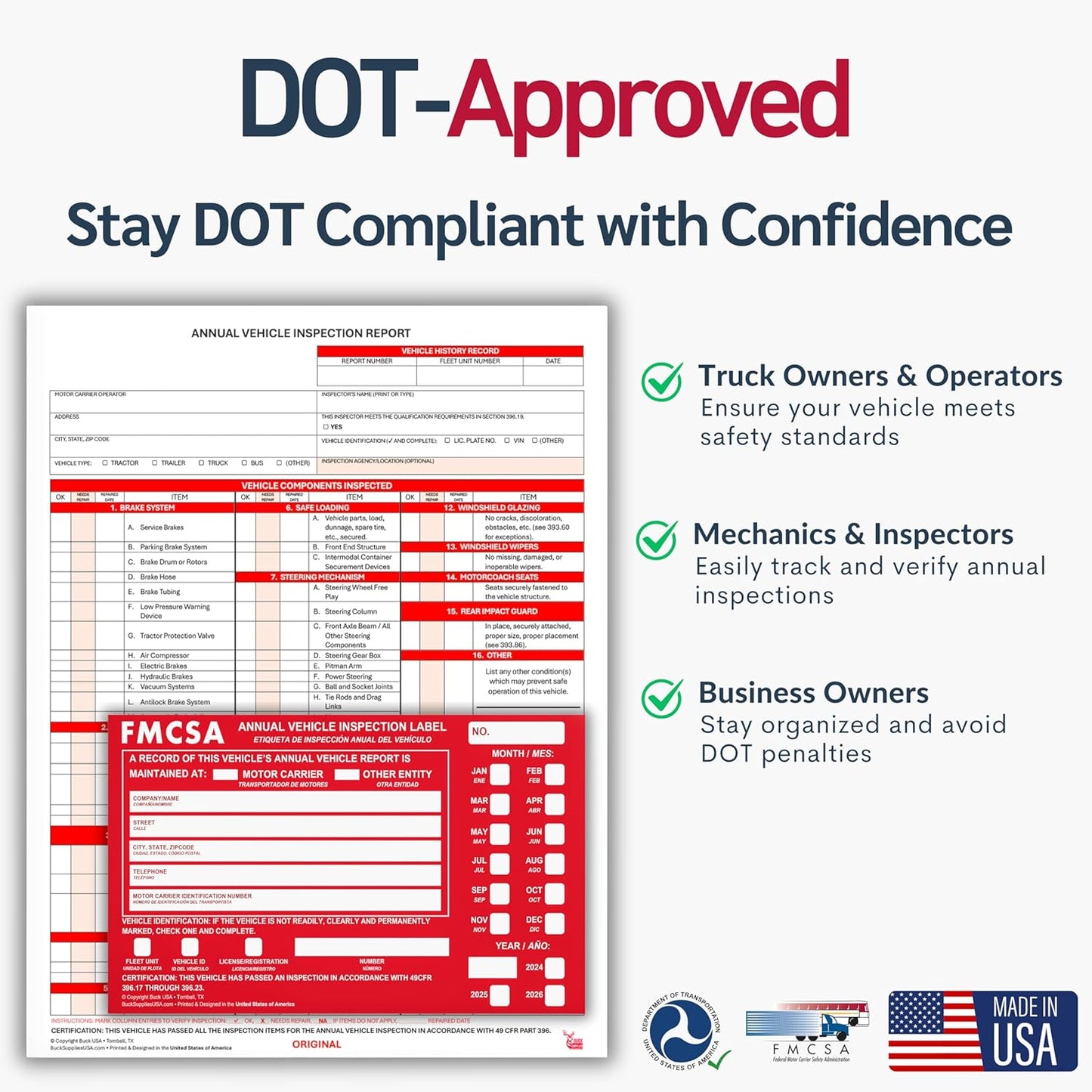 100 Pack Buck Aluminum Annual Vehicle Inspection Label with Punch Boxes, 2 Mil Red FMCSA Self Adhesive Sticker, DOT Compliant, Weatherproof, Tear Resistant, Easy to Write On, 6" x 3.5" - Made in USA
