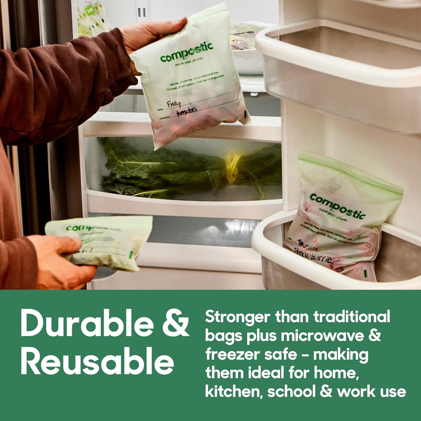 Home Compostable Resealable Snack Bags (6"x 3.5"), Microwave & Freezer Safe, Organic Food Storage Container, 30 Count (Pack of 2)