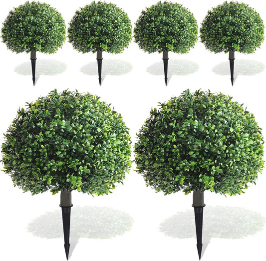 Yunlly 6 Pack 18" Artificial Boxwood Ball Bush Topiary Trees Fake Outdoor Plants, Realistic UV Resistance Faux Shrubs with Spike Greenery Topiary for Front Porch Garden Yard Patio Indoor (Green)