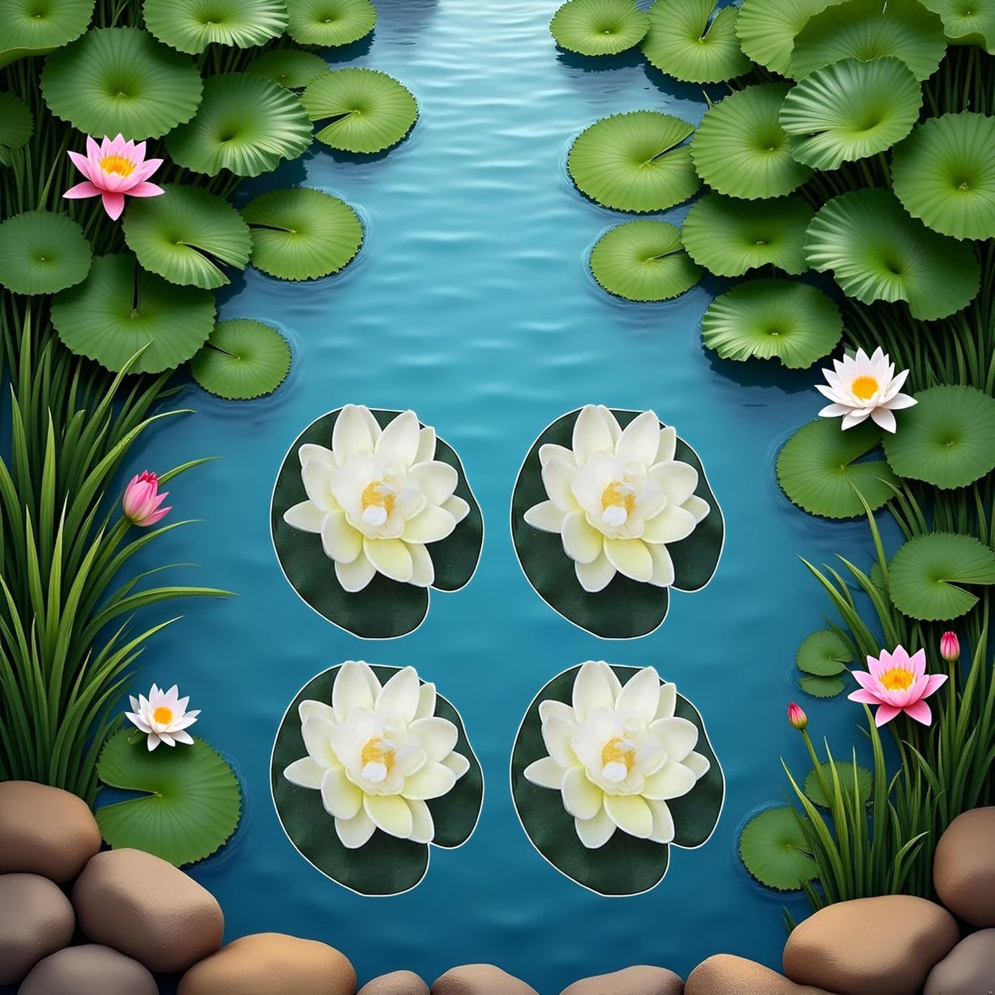 4 Pieces Artificial Floating Lotus Flowers with Lily Pads, Decorative Foam Water Plants for Pond, Pool, Garden Fish Tank Aquarium Home Garden Special Decoration Outdoor Décor,Artificial Flowers