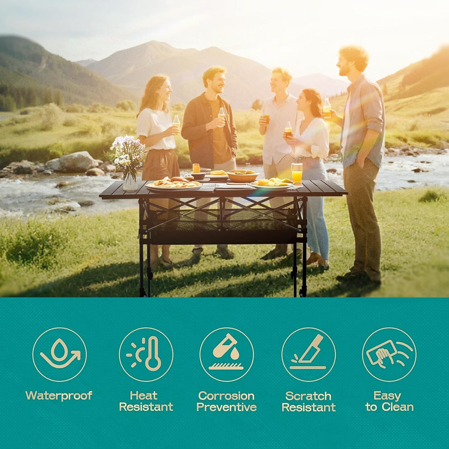 Height Adjustable Camping Table Tall Large Outdoor Folding Camping Table with Wide-Base Anti-Sink Legs & Carry Bag for Camping BBQ Beach Backyard (Black)