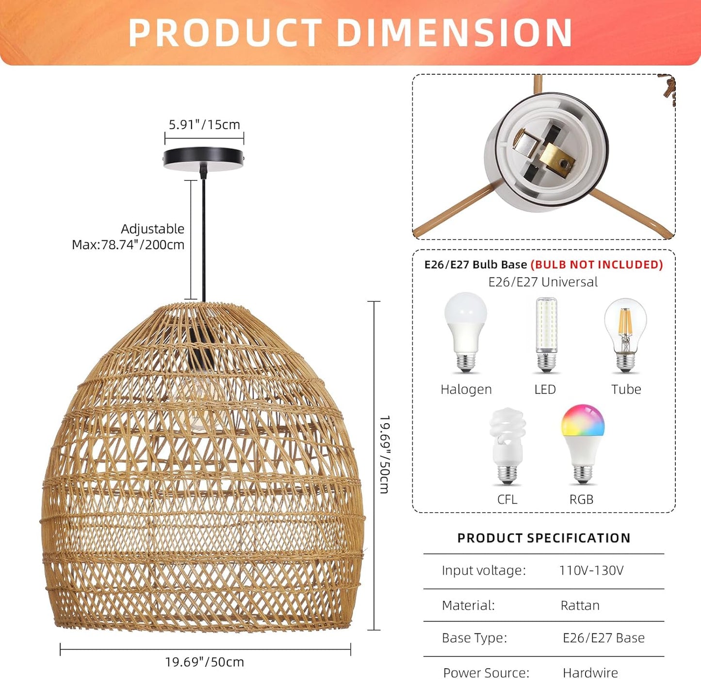 Arturesthome Boho Chandelier Rattan Pendant Light,19.6” Large Wicker Pendant Light Fixtures,Basket Hand Woven Hanging Lamp for Dining Room Living Room Kitchen Foyer