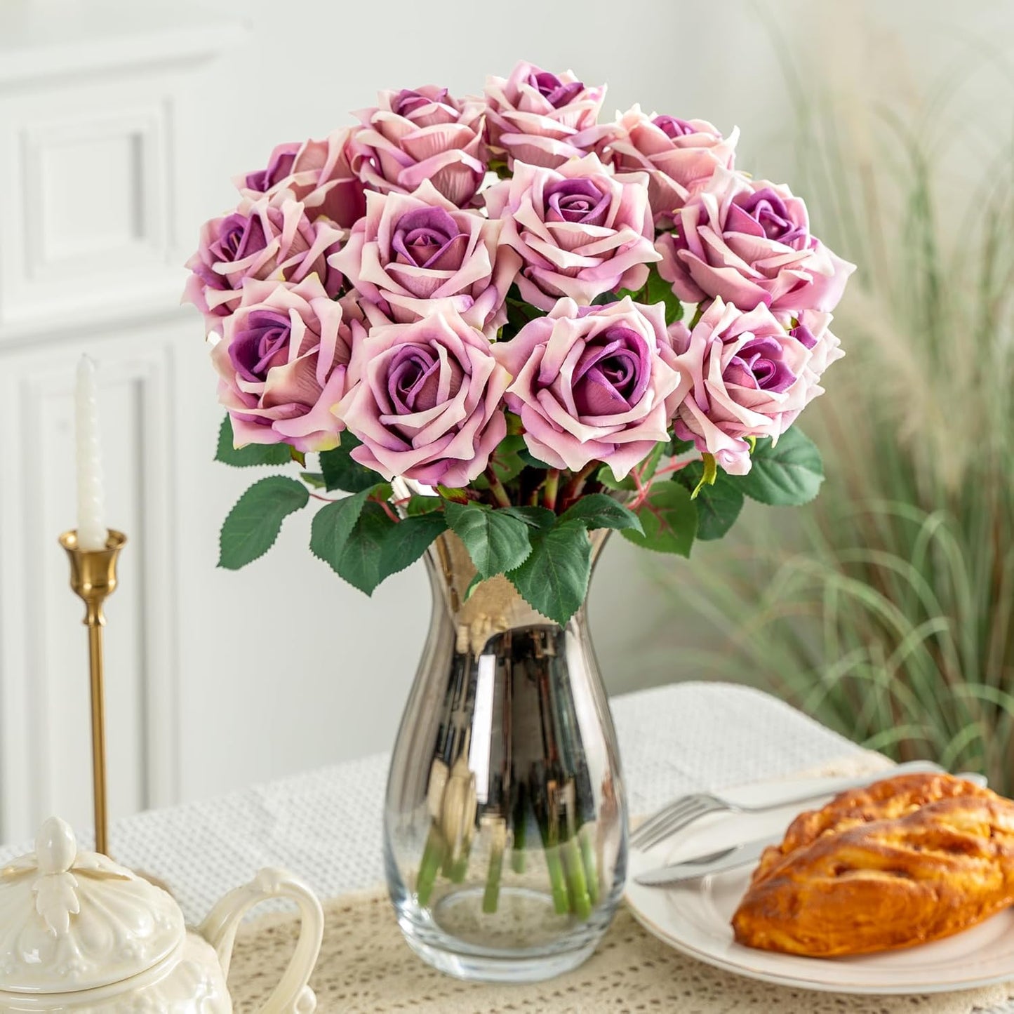 Fake Roses Faux Flowers Silk Roses Artificial Roses with Stems Realistic Artificial Flowers 12PCS Suitable for Indoor Home Decoration DIY Bouquet Wedding Decor Party Decor Purple,16.5In