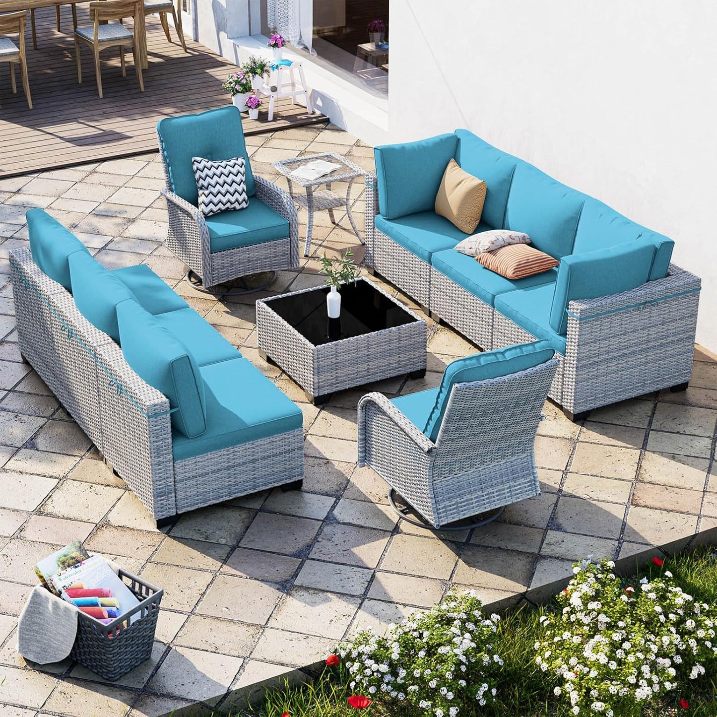 10-Piece Patio Furniture Set, Outdoor Patio Furniture with Swivel Chairs Set, Thick Cushions, Modular Patio Sofa, Dual-Strand Wicker Rattan, Rust-Resistant Frame, Lake Blue