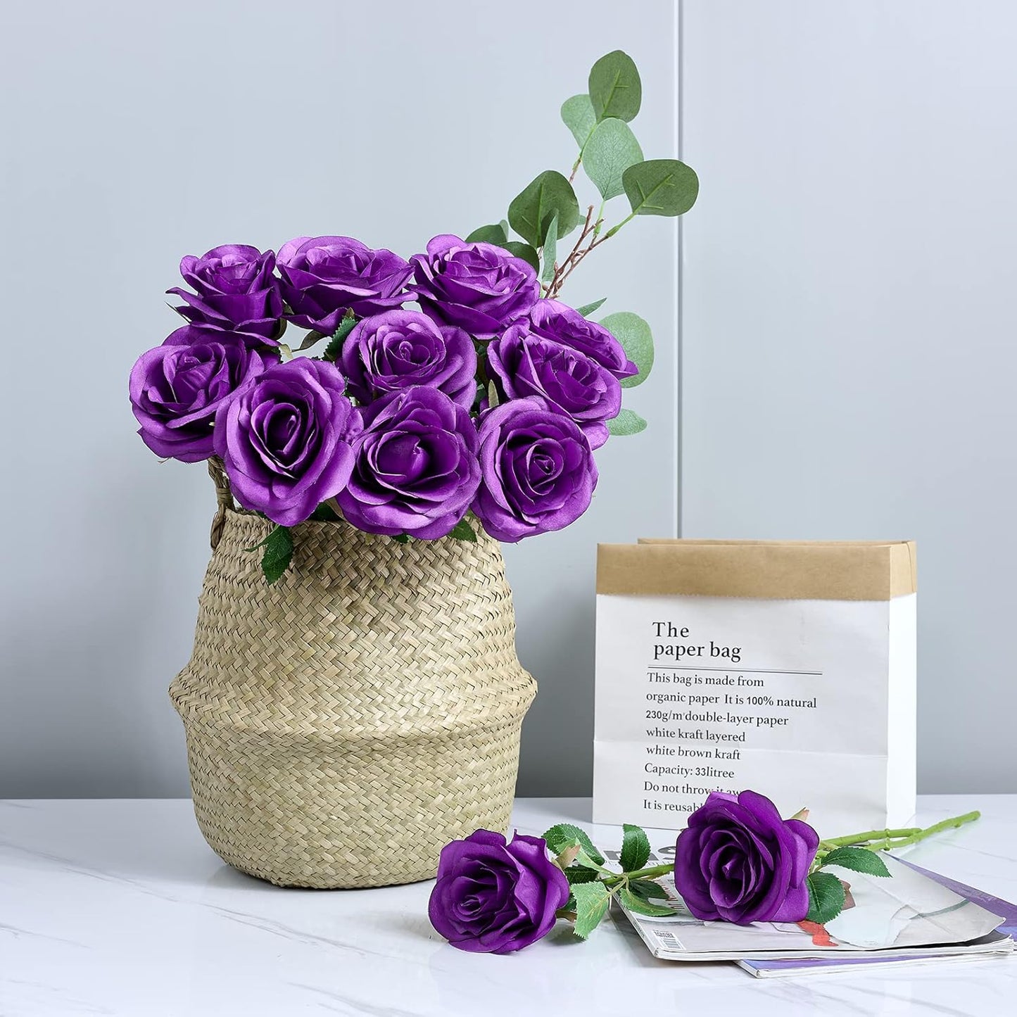 12Pcs Purple Roses Artificial Flowers Fake Roses Silk Flowers Real Touch Rose with Long Stems for Wedding Home Office Baby Shower Party Centerpieces Decorations