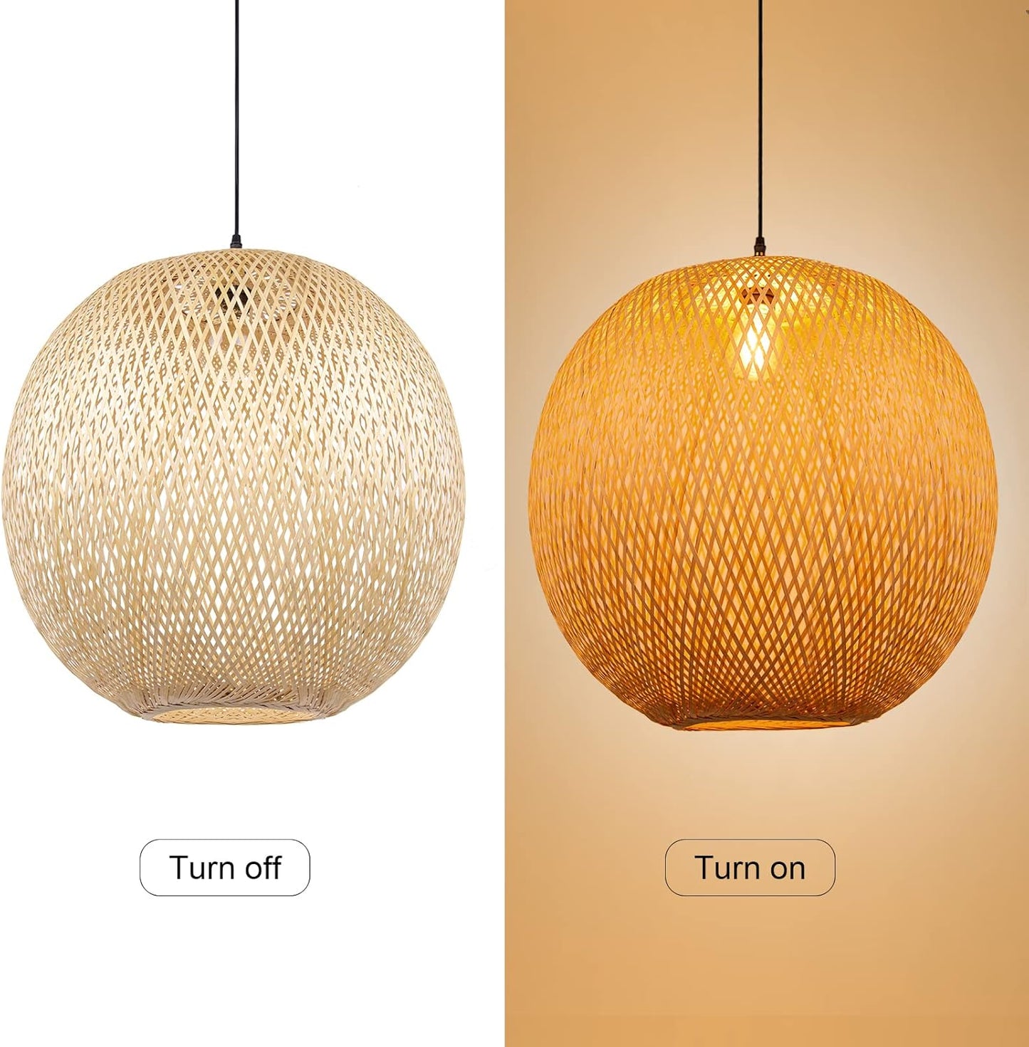 Arturesthome Round Bamboo Pendant Lights, Wicker Chandelier Hand-Woven Boho Basket Lampshade Hanging Ceiling Light for Kitchen Island Living Room