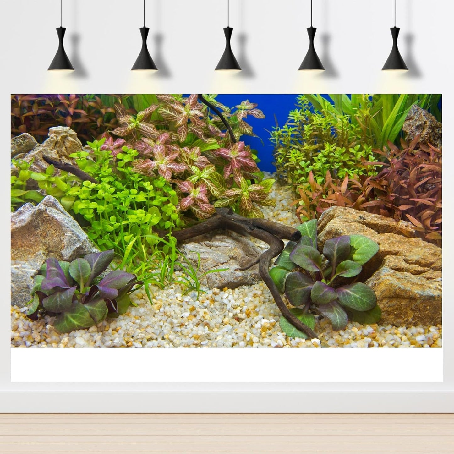 Aquarium Background Various Underwater Grass Plants Aquarium Backdrop Vivid and Fresh Green Aquatic Plants Stone Pebble River Bed and Dead Wood Purple Leaves Tank Background Vinyl 48x18in