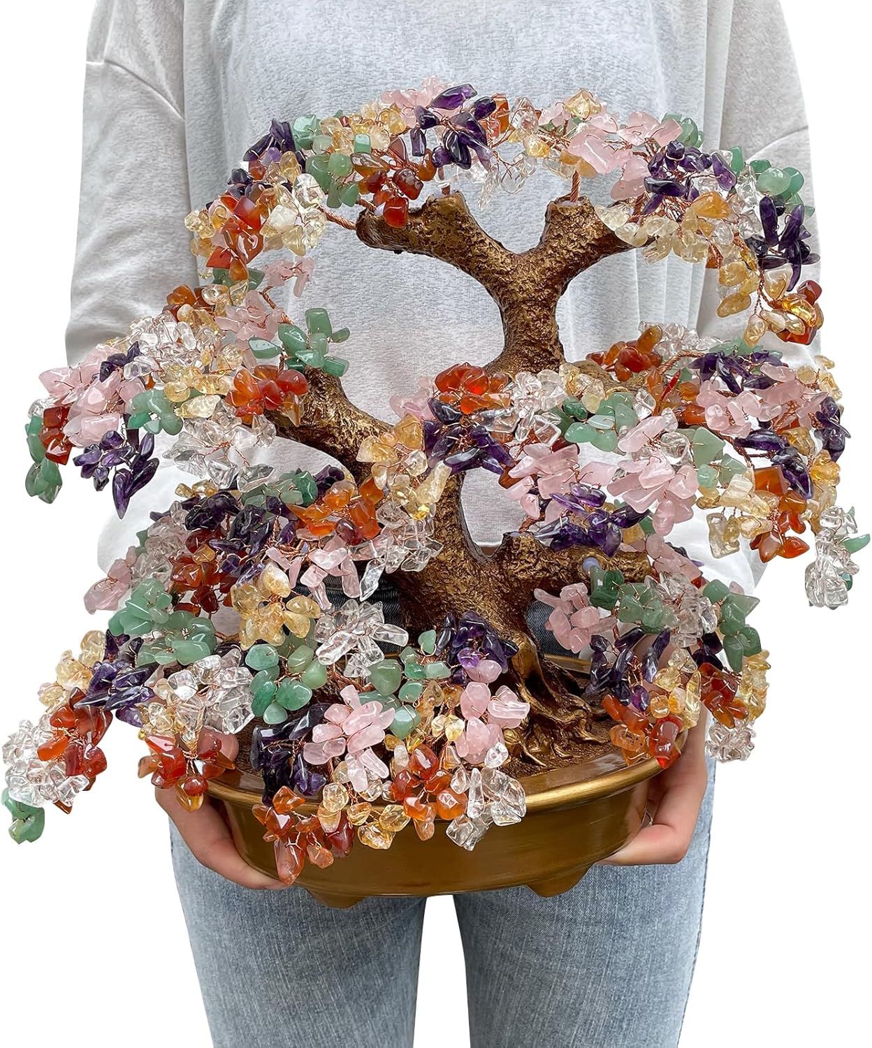 Feng Shui Money Tree Large Pine Tree Style Crystal Quartz Lucky Tree Gem Tree for Office Home Feng Shui Decoration for Wealth/Fortune and Luck (Multicolored)