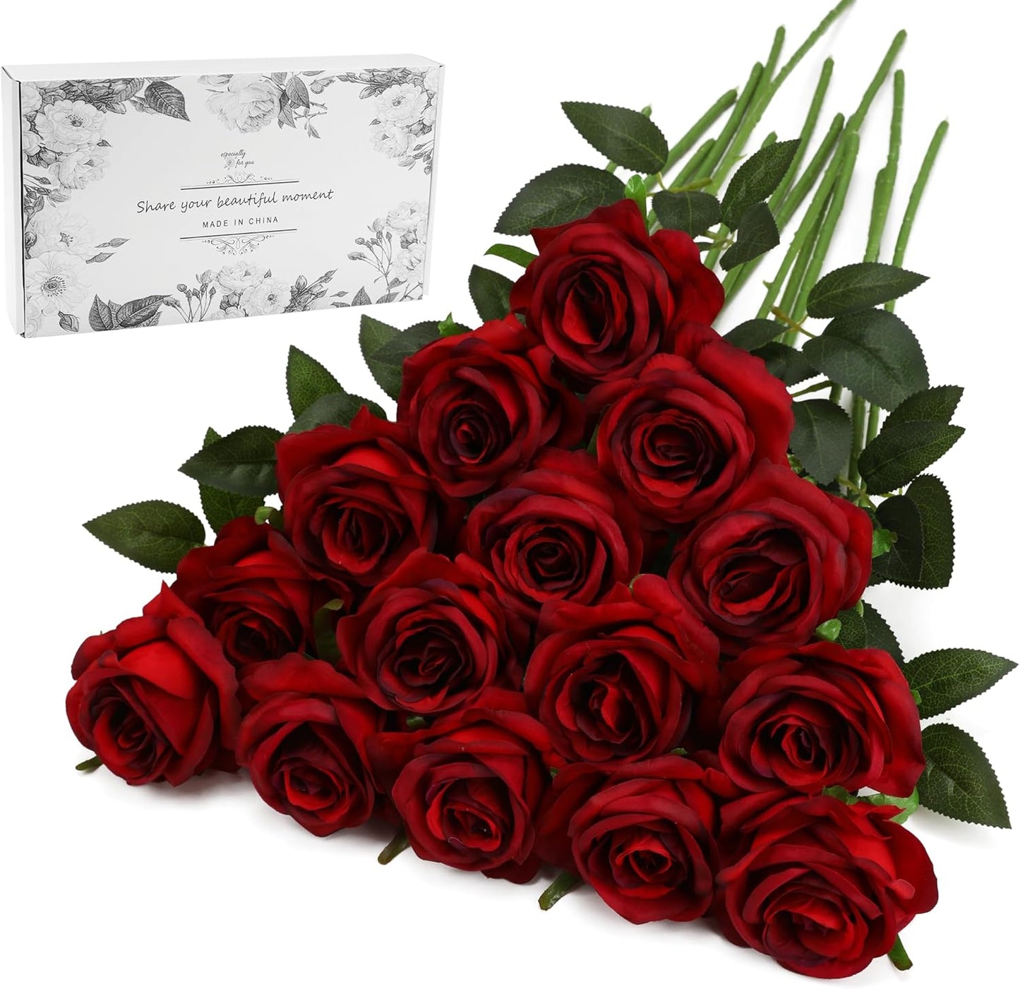 Burgundy Fake Roses Artificial Flowers - 16 Pcs Fake Artificial Roses Silk Flowers with Stems for Home Wedding Hotel Office Centerpiece Decor（Burgundy）