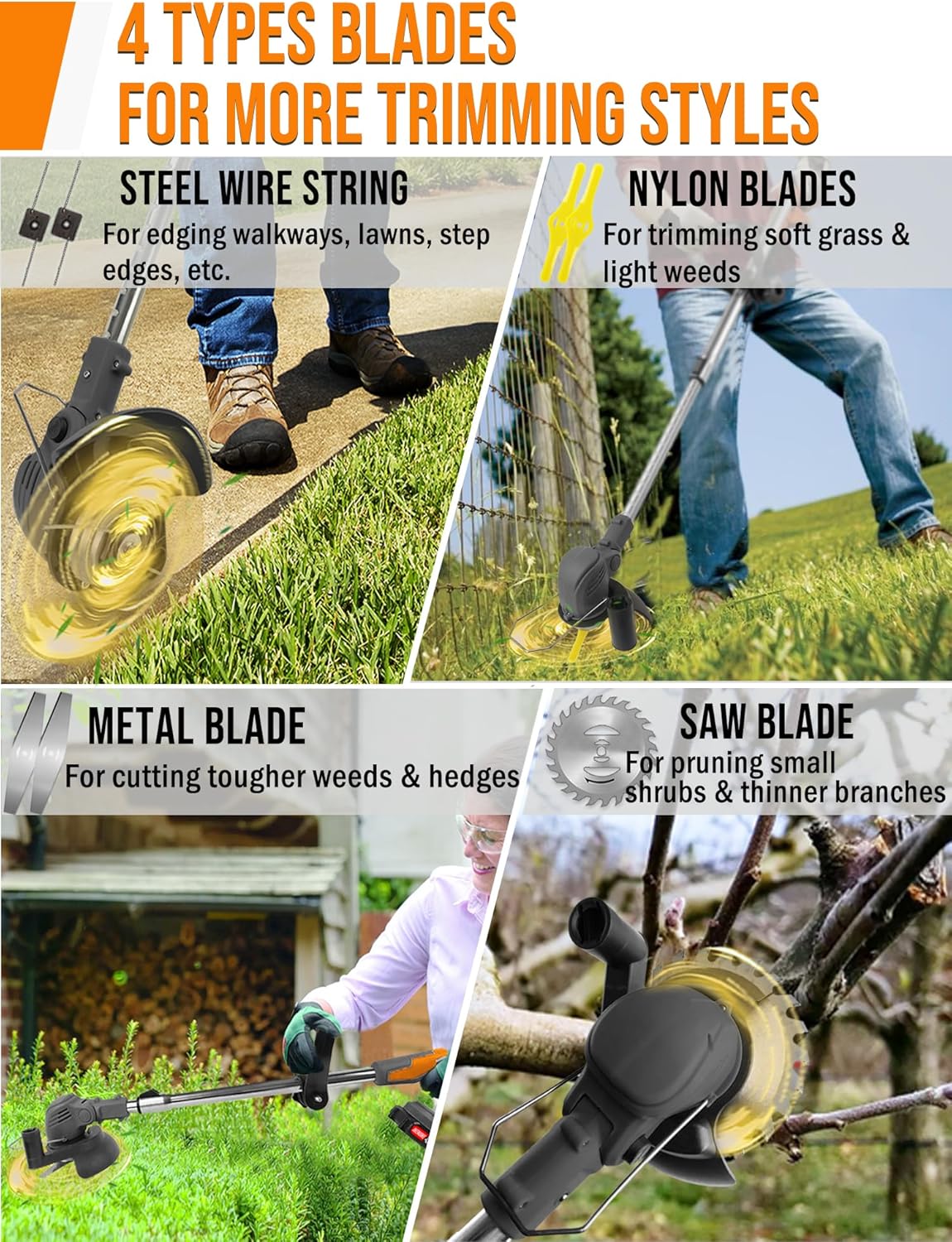 Electric Weed Wacker Cordless, 21V Battery Powered Weed Cordless Eater with 2 * 2.0Ah Batteries and Charger, 3 in 1 Stringless Grass Trimmer/Brush Cutter/Edger, 4 Types 26Pcs Blade for Garden Yard