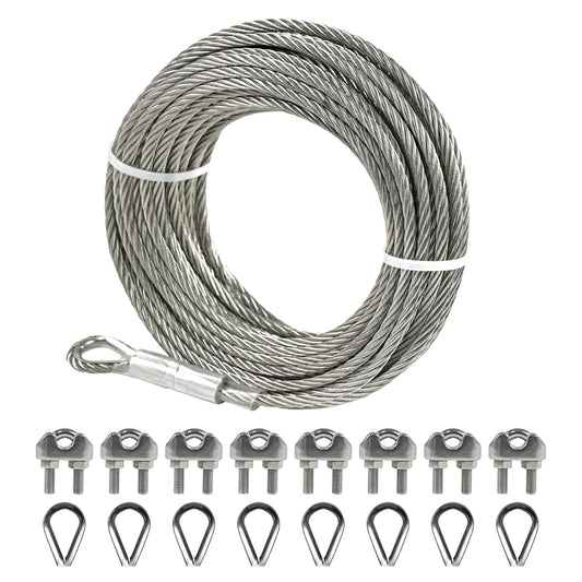 1/4" Stainless Steel Cable 75FT Wire Rope with Clamps and Thimble, 7X19 Strands Aircraft Cable for Zipline, Outdoor, Deck Railing, Heavy Duty Applications, Hanging, 6400lbs Breaking Strength