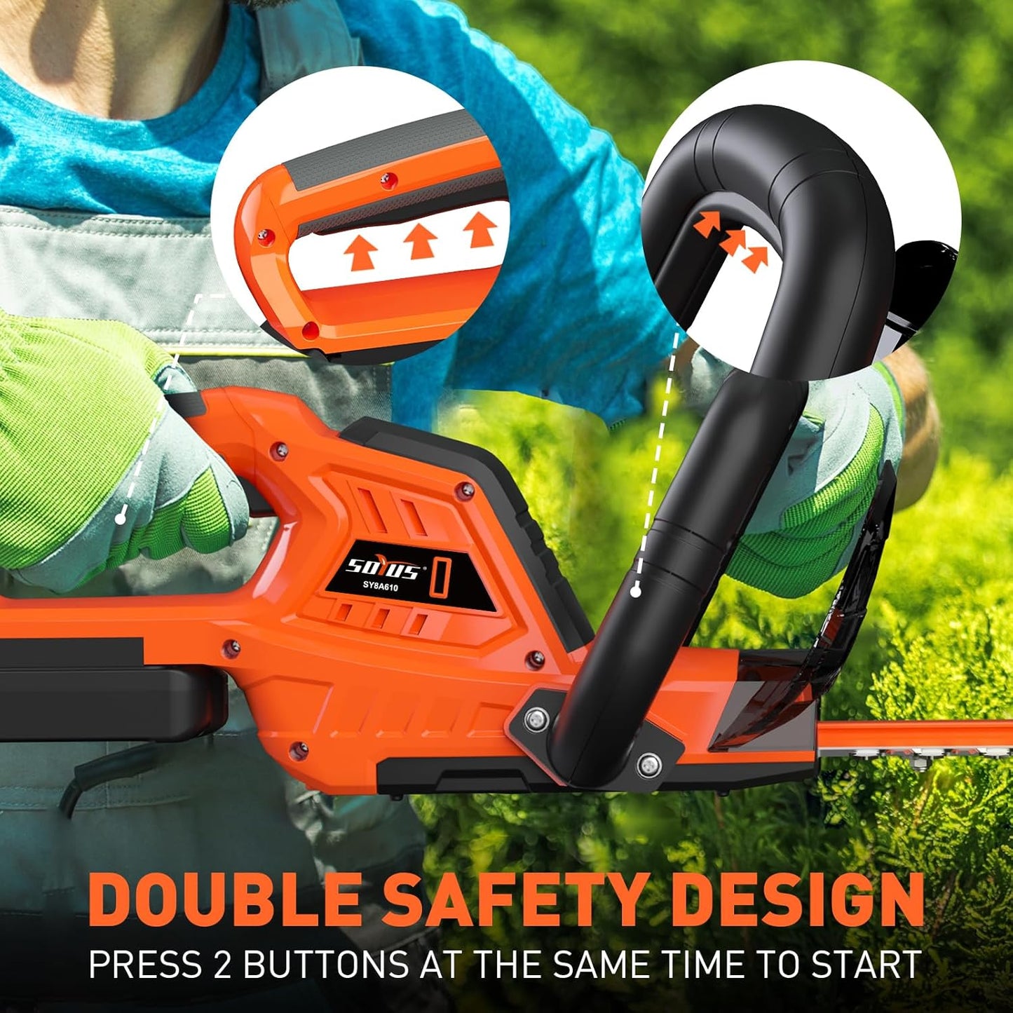 SOYUS Hedge Trimmer Cordless, 20V Electric Hedge Trimmers with 22 Inch Dual Action Blades and 3/4" Cutting Capacity, 2.0Ah Battery and Fast Charger Included