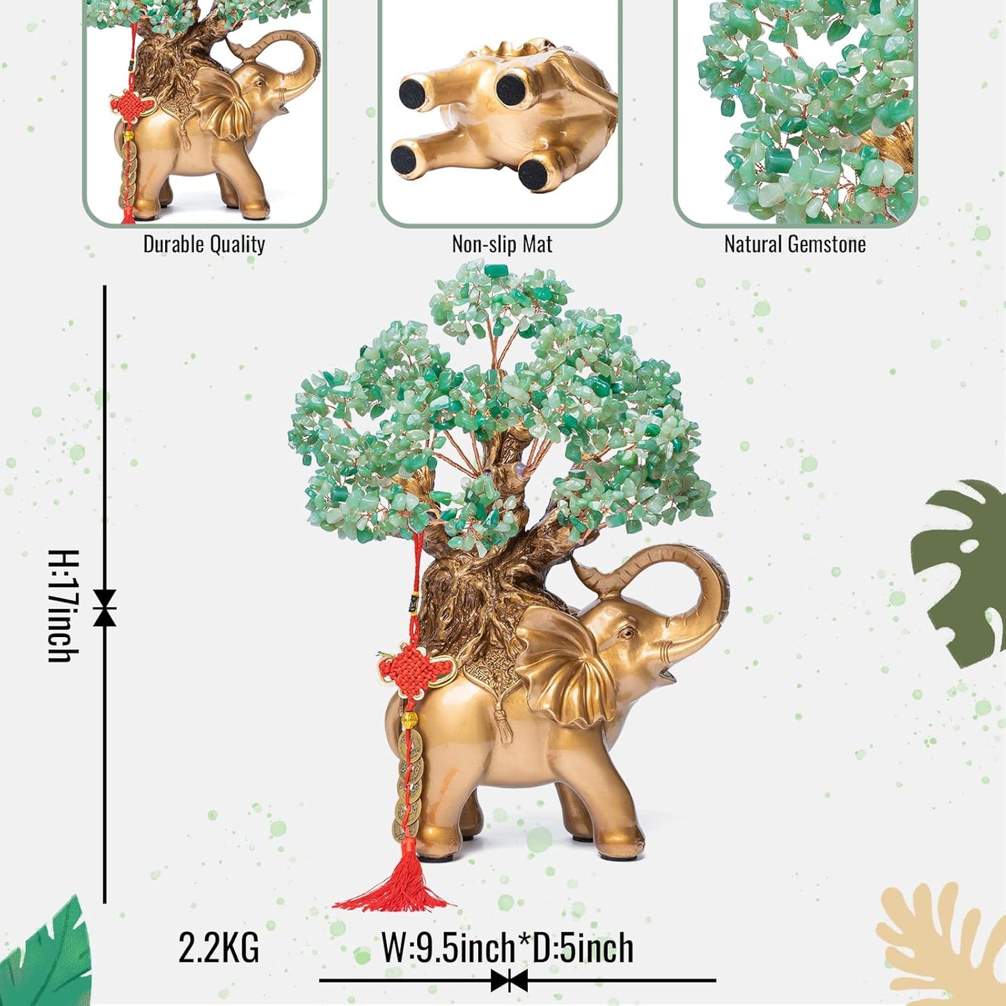 Green Aventurine Crystal Money Tree on Gold Elephant Statue, 17”Large Gemstone Bonsai Tree of Life Home Décor Gifts for Wealth Positive Energy, Feng Shui Décor