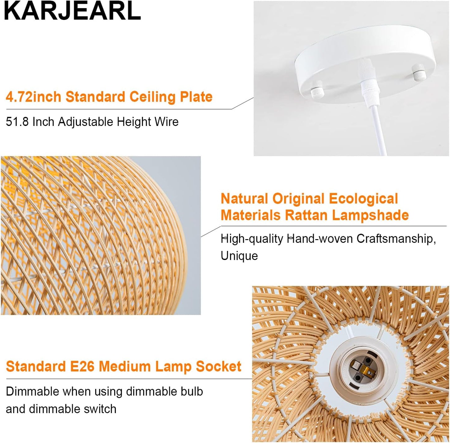 Rattan Pendant Lights, Large Wicker Chandelier Hand-Woven Boho Pendant Light Rattan Basket Hanging Light for Dining Room Kitchen Island Living Room