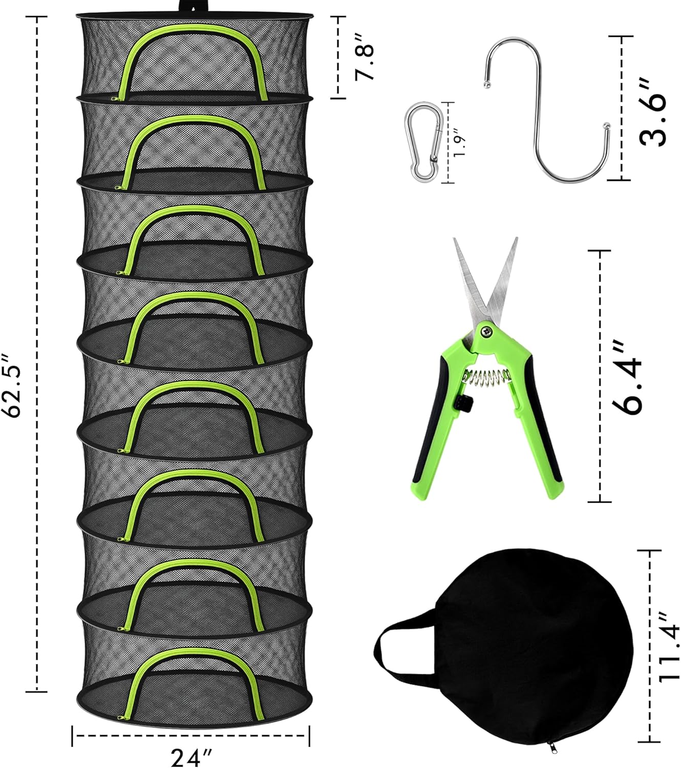 Herb Drying Rack Hanging Mesh 8 Layer 24" with Zipper, Garden Pruning Shear, Hook & Carabiner Clip for Drying Herbs, Plants, Seeds, Buds | Hydroponics & Grow Tents Herb Dryer Hanging Rack