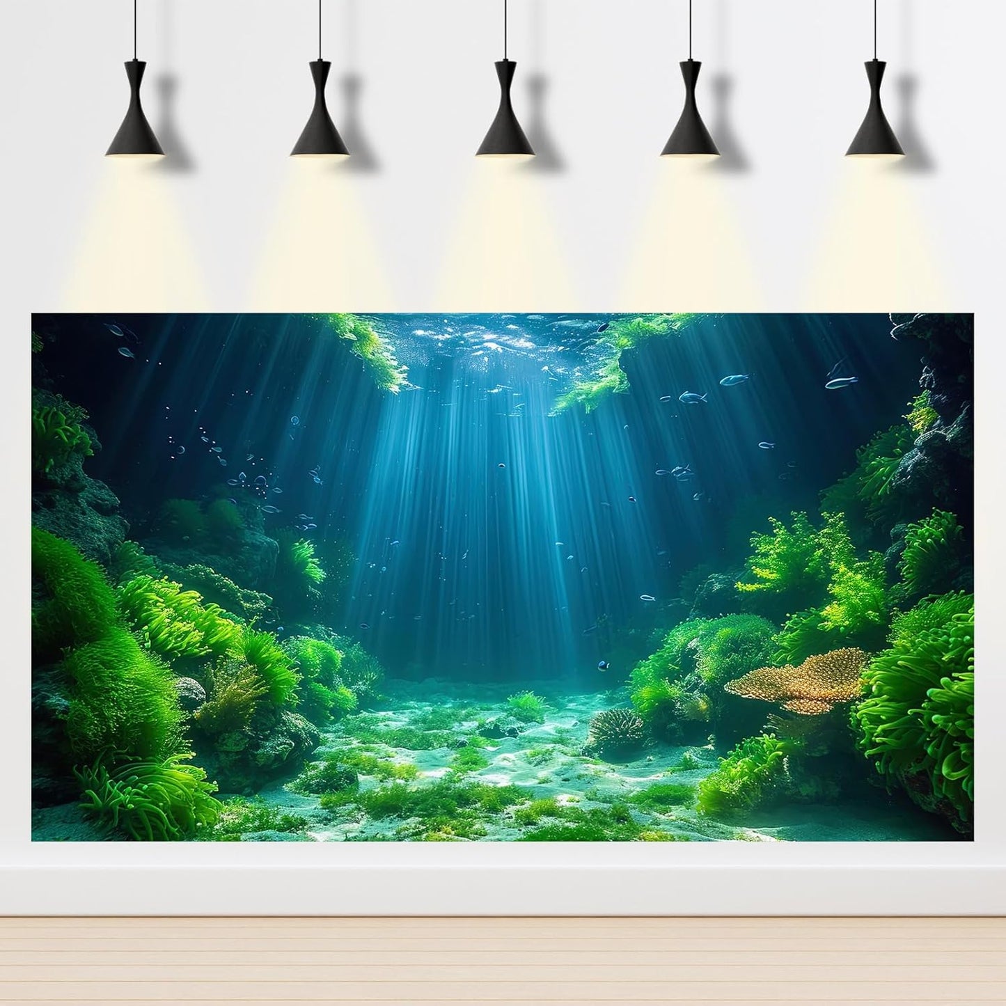 Aquarium Background Aquatic Plants Soft Algae Terrarium Backdrop Underwater World Fish Rock with Moss Sunlight Rays Fish Tank Background Aquarium Wallpaper Poster Decor Vinyl 72x18in