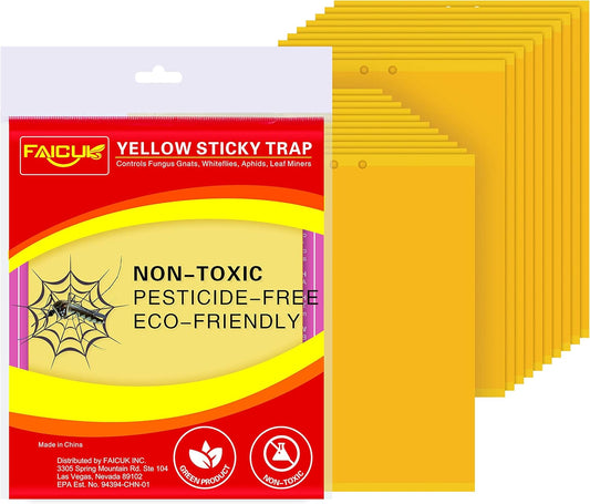 Faicuk 20 Pack Dual Sided Yellow Sticky Traps for Flying Plant Insect Like Fungus Gnats, Aphids, Whiteflies, Leafminers (6x8 Inches, Twist Ties Included)