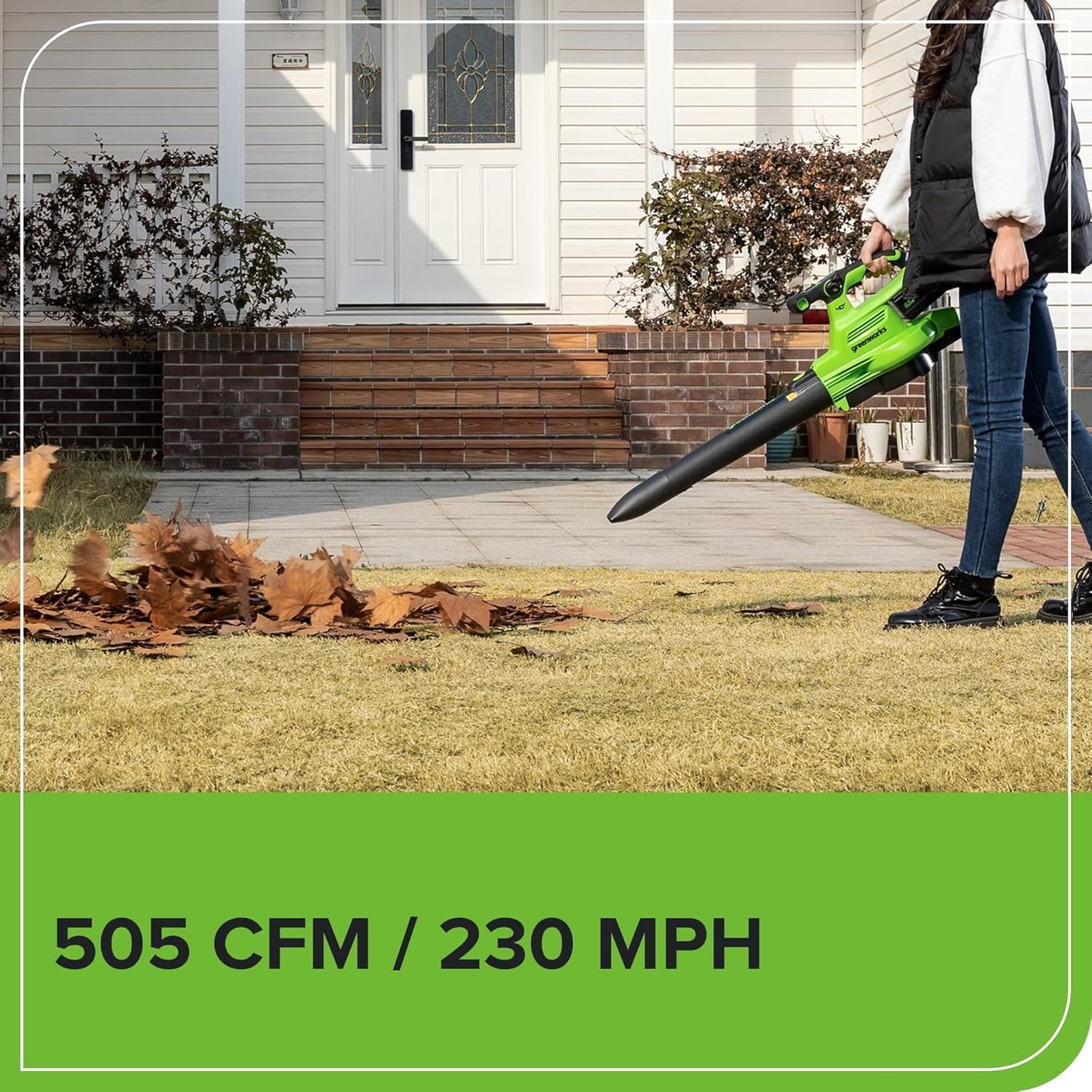 Greenworks 40V (230 MPH / 505 CFM) Cordless Brushless Leaf Blower/Vacuum with Bag, High Power, Lightweight & Quiet for Yard Debris Cleanup, Includes 5.0Ah Battery & Charger