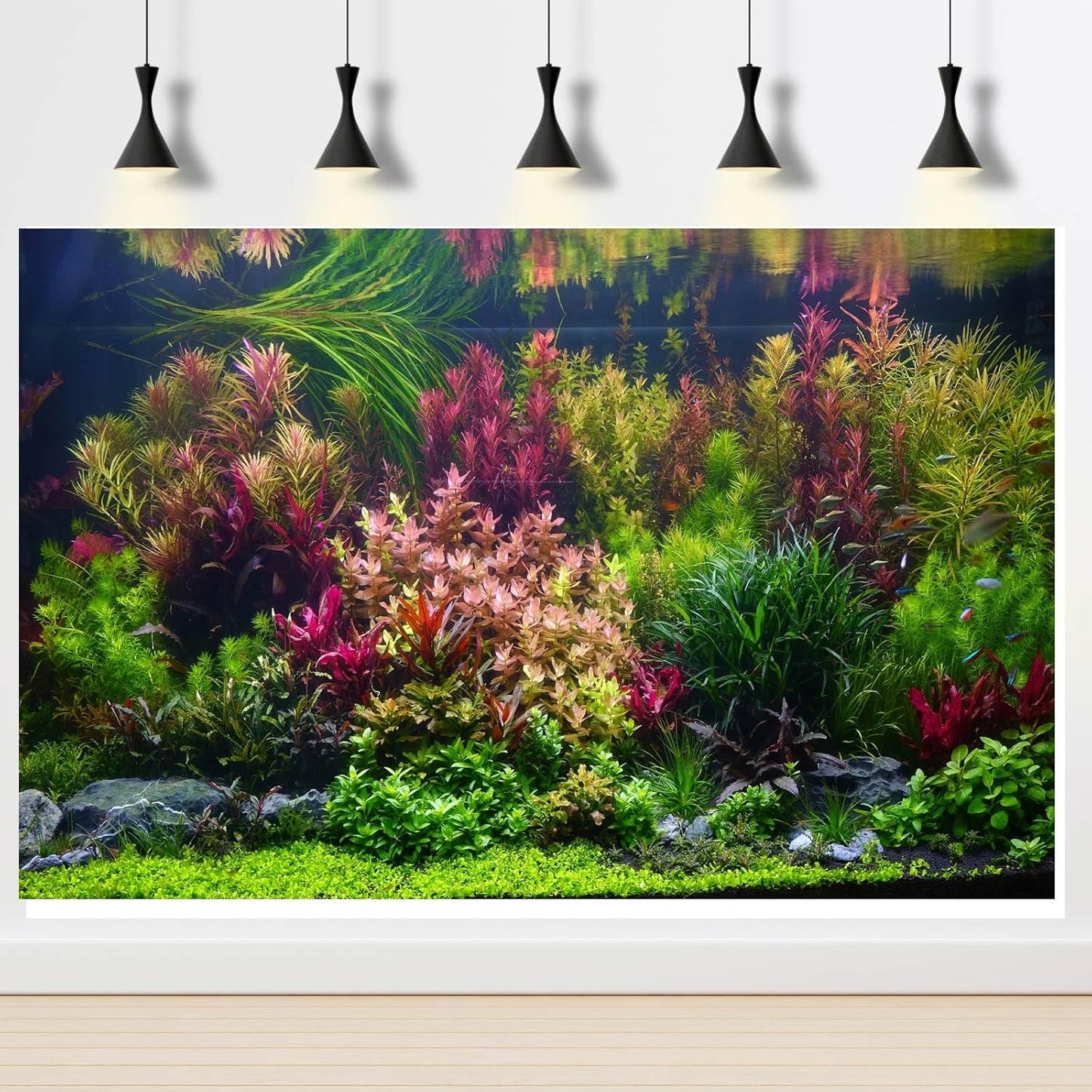 Aquarium Background Various Vivid Fresh Underwater Aquatic Plant Fish Tank Aquarium Backdrop Stone River Bed and Lake Fish Terrarium Background Decor Vinyl 72x18in