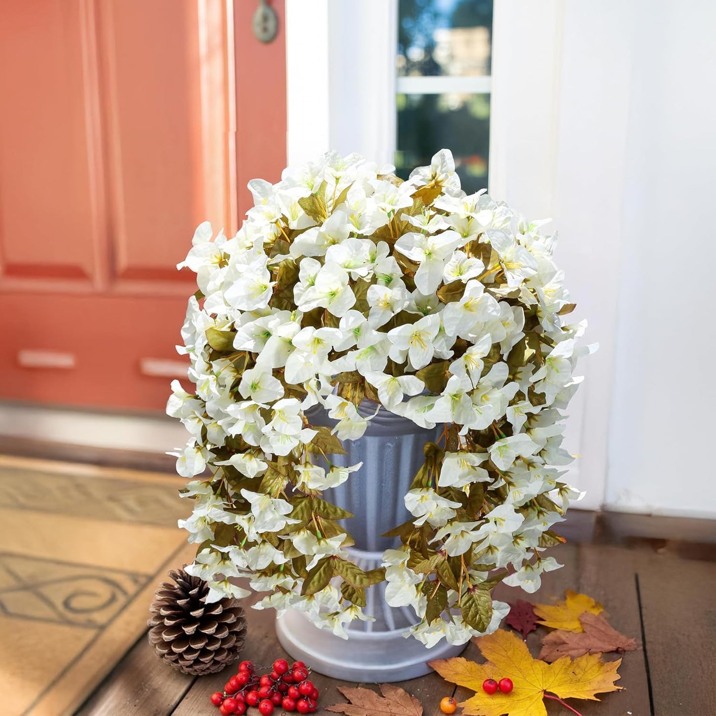 Bougainvillea Artificial Fall Hanging Flowers Plants for Outdoors Autumn Decoration, 2pcs Faux Bougainvillea Vines White Fake Flowers Realistic UV Resistant Silk Flowers for Outside Planter Yard Home