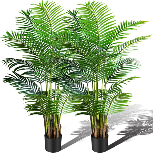 KOL 6ft 2-Pack Artificial Areca Palm Plant in Pot, Fake Tropical Cane Palm Silk Tree Indoor Outdoor, Dypsis Lutescens Plants, 70in Lifelike Faux Silk Plant Home Garden Decoration, Housewarming Gift