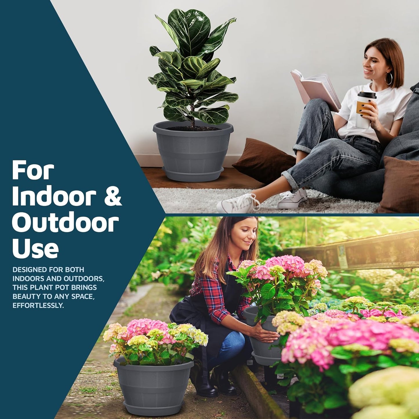 10-Inch Whiskey Barrel Planters Outdoor Pack of 10 - Durable Plastic Plant Pots for Indoor & Outdoor Use with Drainage & Saucer, Lightweight Rustic Barrel Planters for Flowers, Herbs & Small Plants