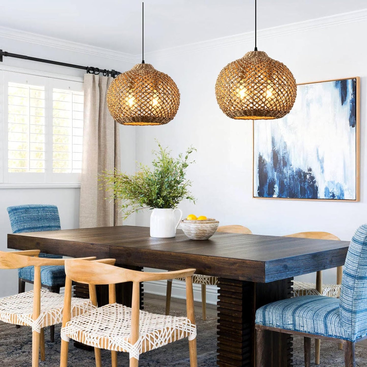 13.79" Rattan Pendant Light, Boho Handmade 2-Light Wicker Chandelier, for Kitchen Island, Bedroom, Dining Room, Entryway, Foyer