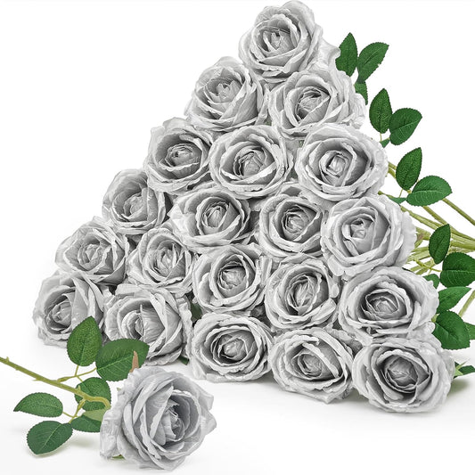 Serwalin 20pcs Artificial Silver Roses, 4'' Big Flower Head, Fake Roses Real Touch, Silk Roses Long Stems Realistic Bouquet for Wedding Parties Table Centerpiece and Home Decor