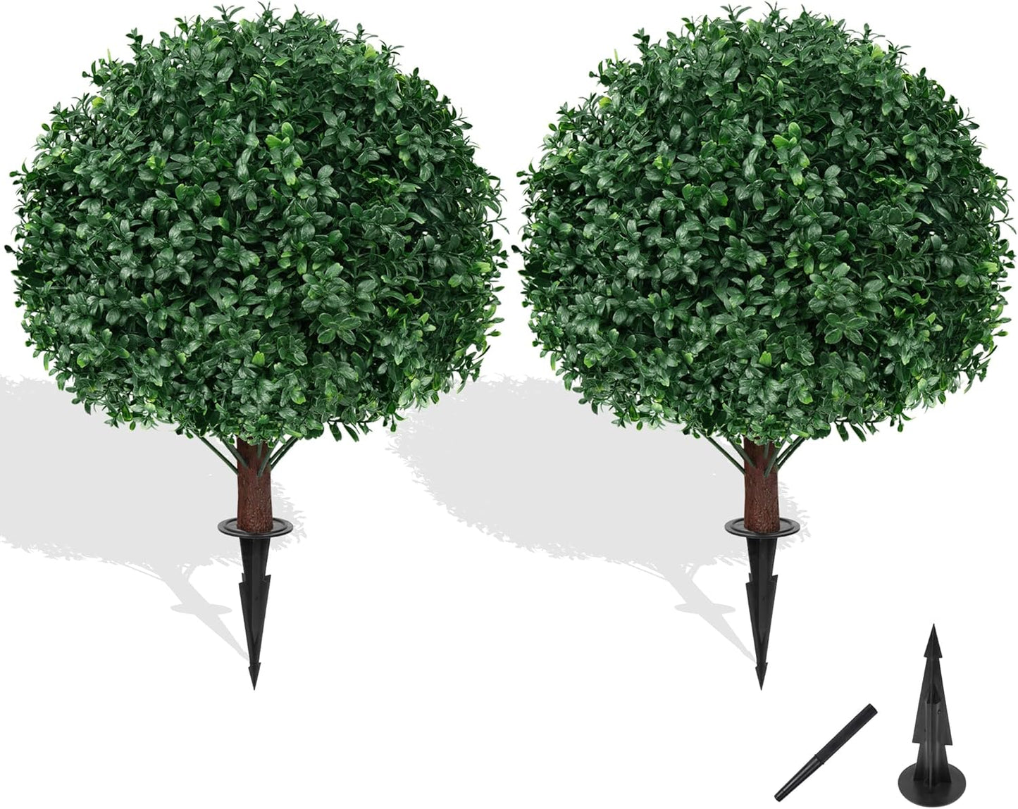 Artificial Boxwood Topiary Ball Tree with Ground Spike, Set of 2 Artificial Shrub Bushes, Fake Evergreen Tree for Porch, Artificial Plants for Outdoor Planters Indoor UV Resistant