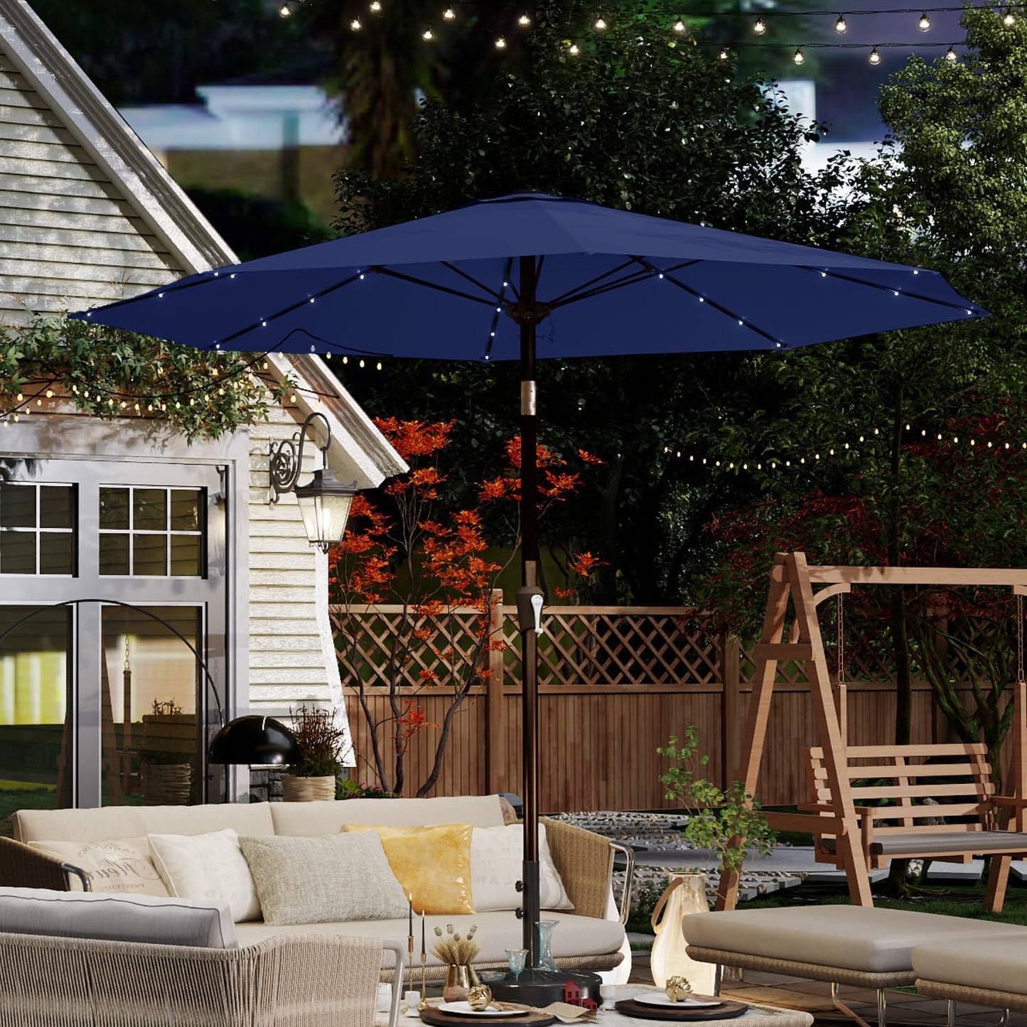 10FT Solar Umbrella 32 LED Lighted Patio Umbrella Table Market Umbrella w/Tilt and Crank, UV-Resistant Outdoor Umbrella for Pool, Garden, Deck, Navy Blue