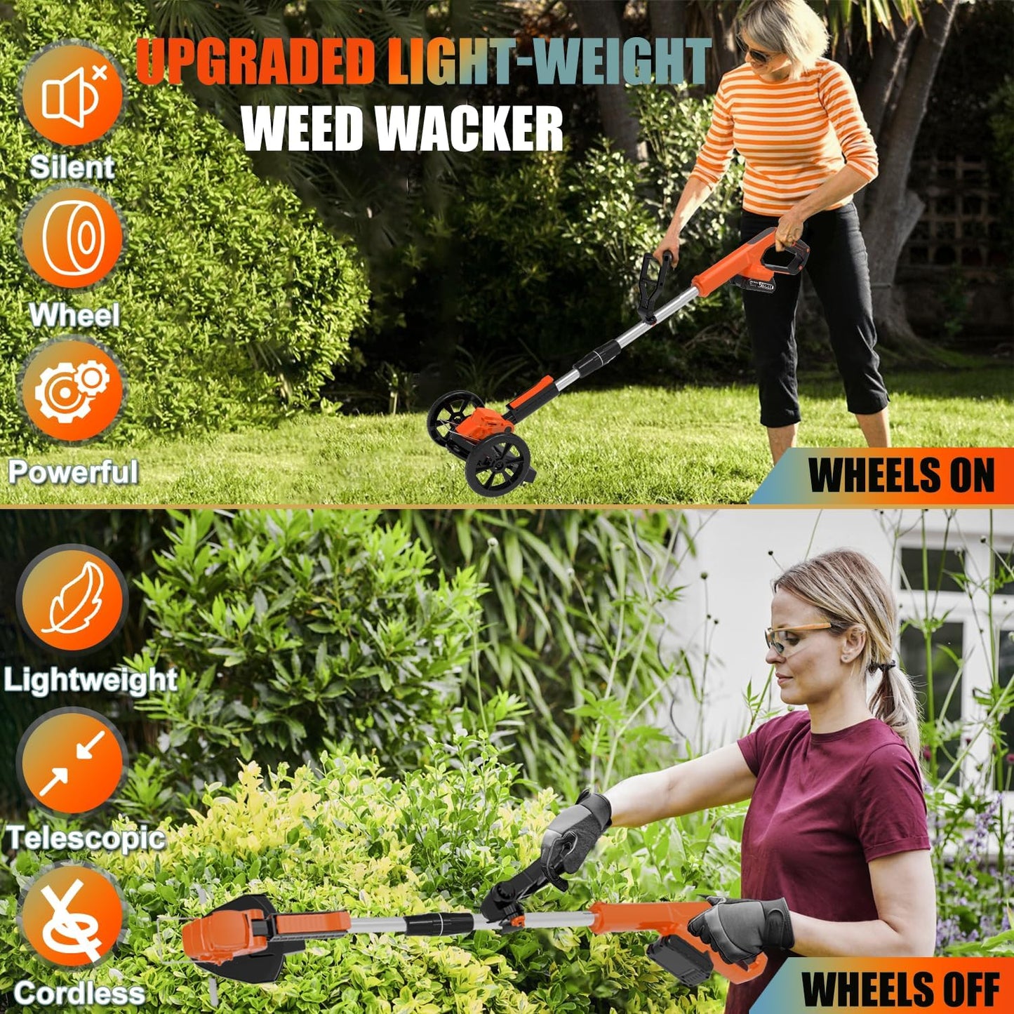 Weed Wacker Battery Powered Electric Cordless Weed Trimmer, with 2Pcs 21V Battery 5 Types Blades Lightweight Grass Trimmer Edger Lawn Tool, Push Wheeled No-String Trimmer for Garden Yard