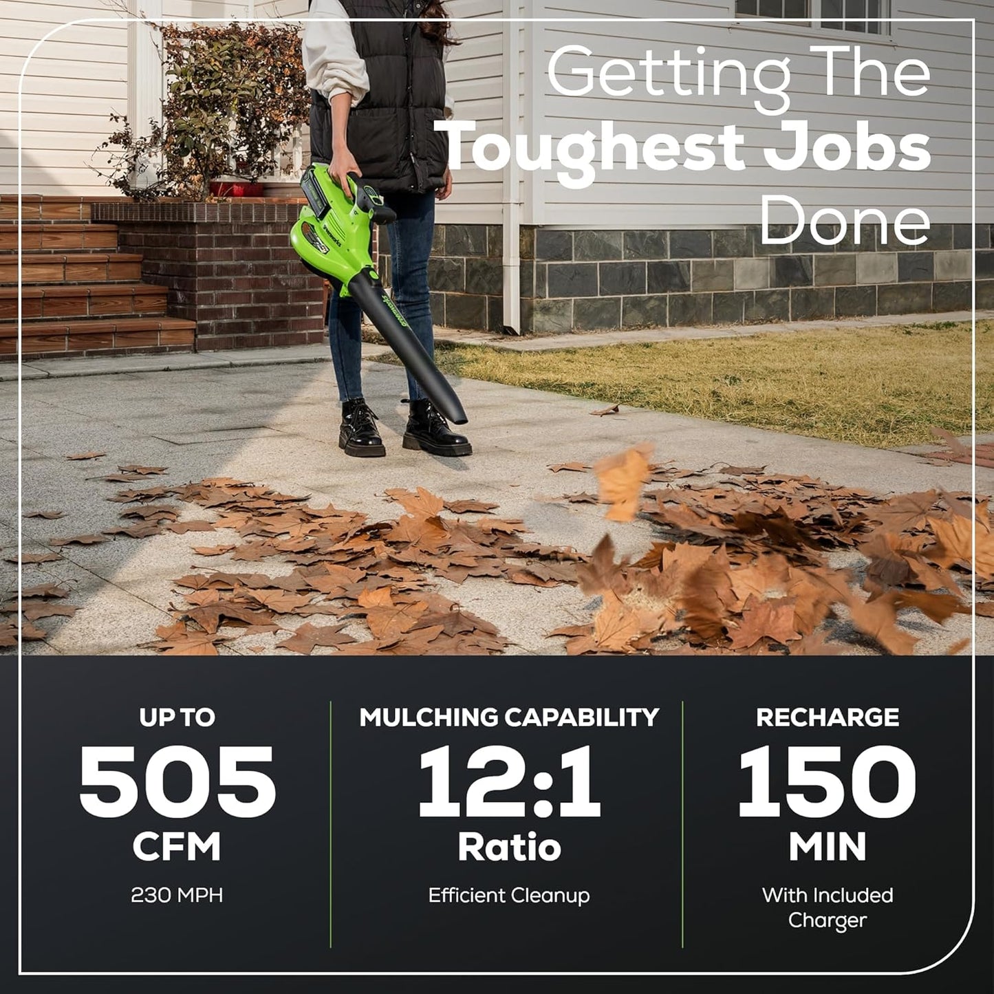 Greenworks 40V (230 MPH / 505 CFM) Cordless Brushless Leaf Blower/Vacuum with Bag, High Power, Lightweight & Quiet for Yard Debris Cleanup, Includes 5.0Ah Battery & Charger