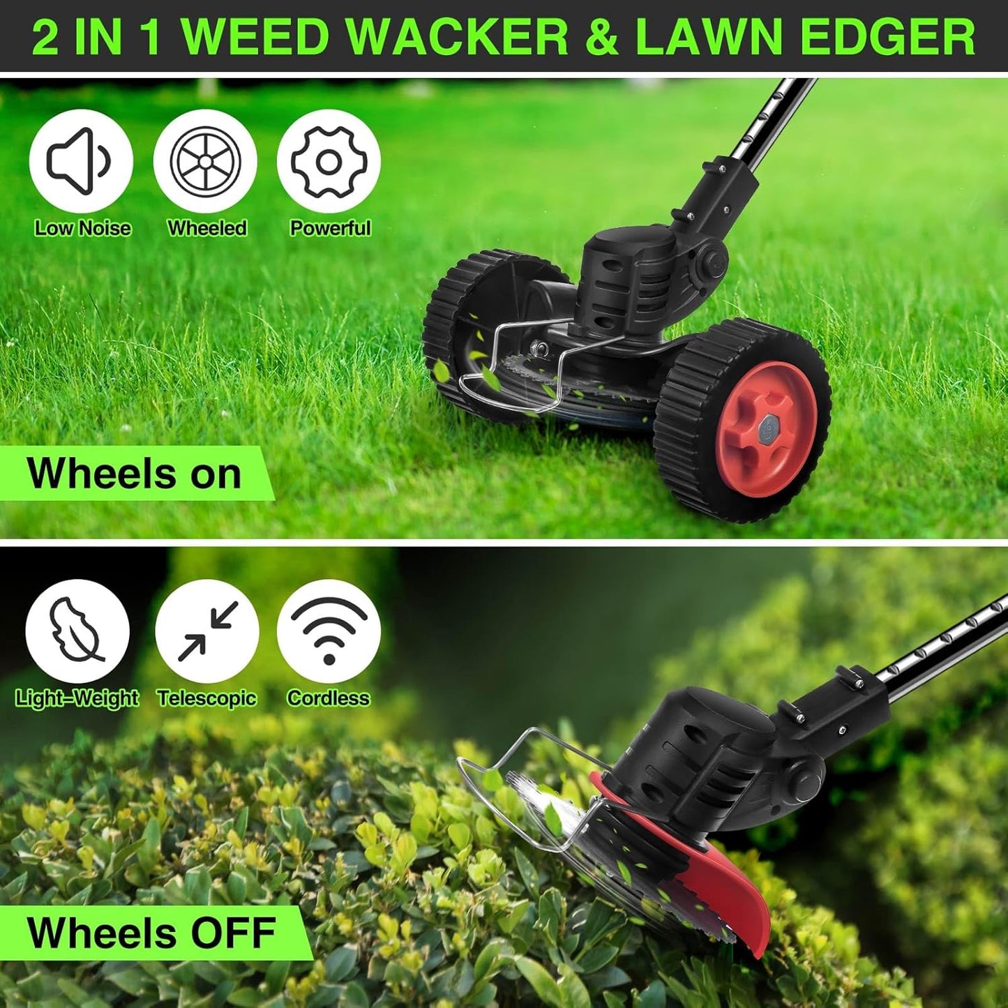 Electric Weed Wacker Cordless with Wheels: Electric Weed Wacker Battery Powered 24V 4.0Ah - Cordless String Trimmer for Lawn Garden Glass Pruning Trimming, Black