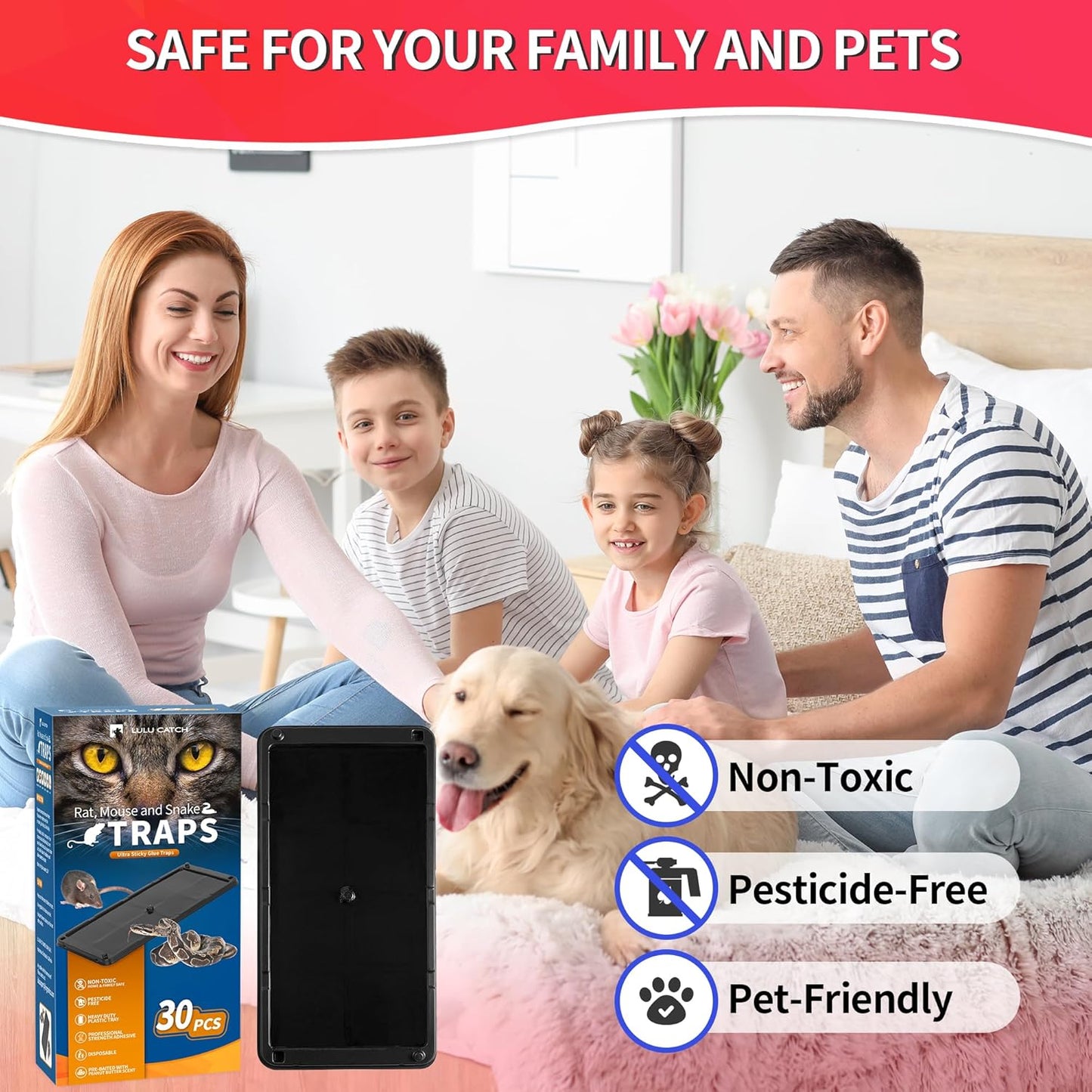 LULUCATCH Glue Mouse Traps Indoor for Home 30 Pack, Pre-Baited Sticky Plastic Glue Boards for House, Snake, Lizard, Insect, Mice, Rats & Spider Traps, Pet Safe Pest Control