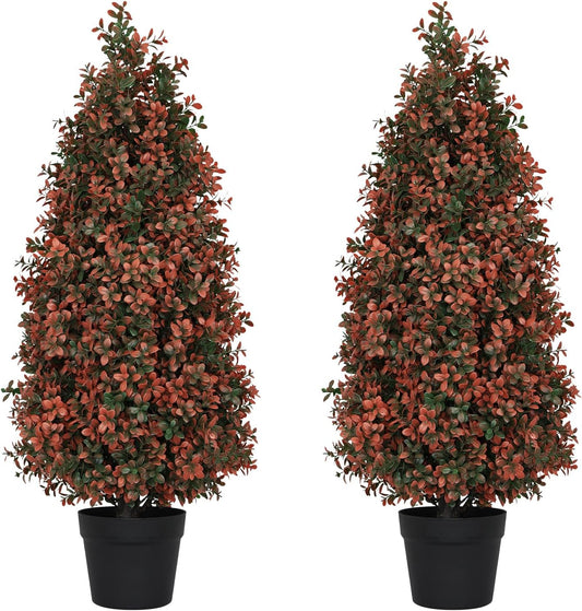 3ft Artificial Boxwood Topiary Trees (Set of 2) - UV Resistant Faux Plants for Outdoor/Indoor, Realistic 36in Fake Bushes and Shrubs for Front Porch, Planter, Patio - Low Maintenance & Evergreen
