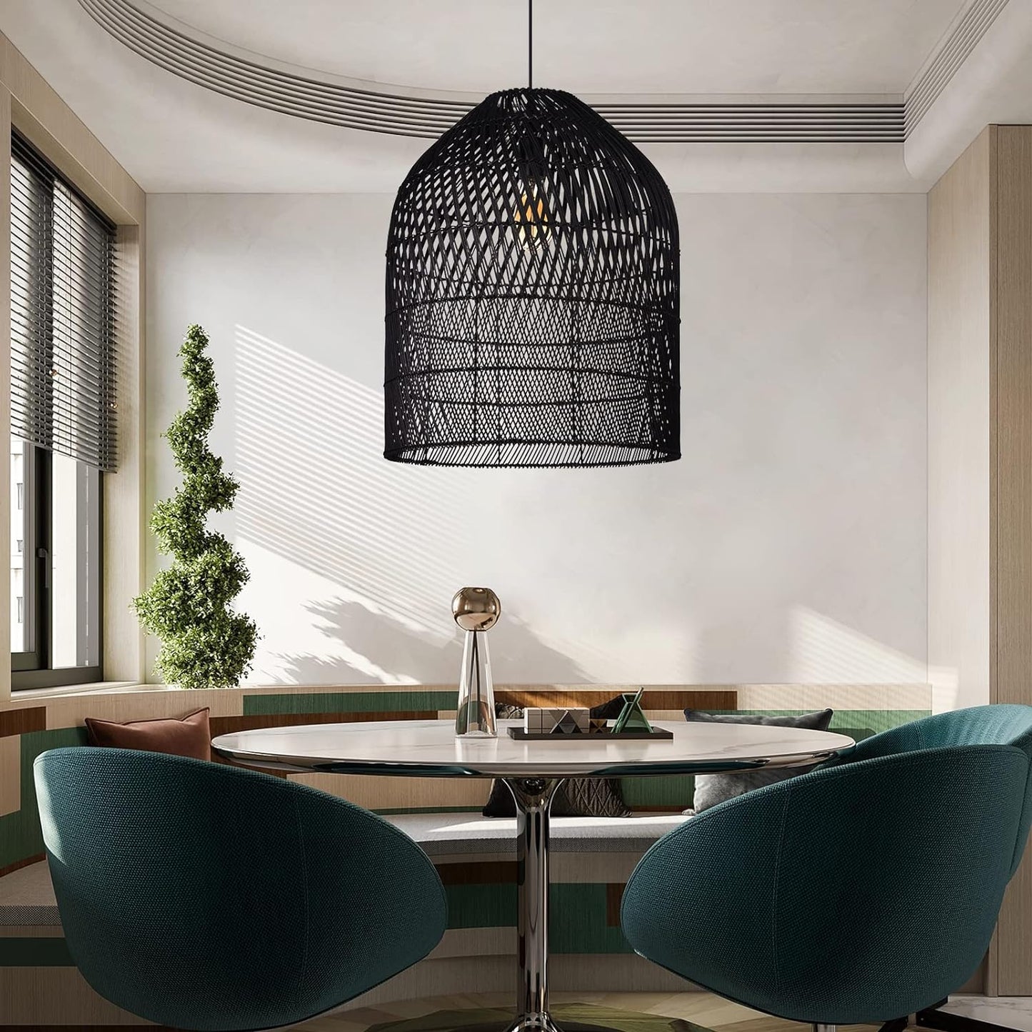 Arturesthome 1 Light Wicker Bell Pendant Lamp, Design Basket Rattan Woven Pendant Light Shades, Handmade Hanging Ceiling Lights Crafts Lampshade Black