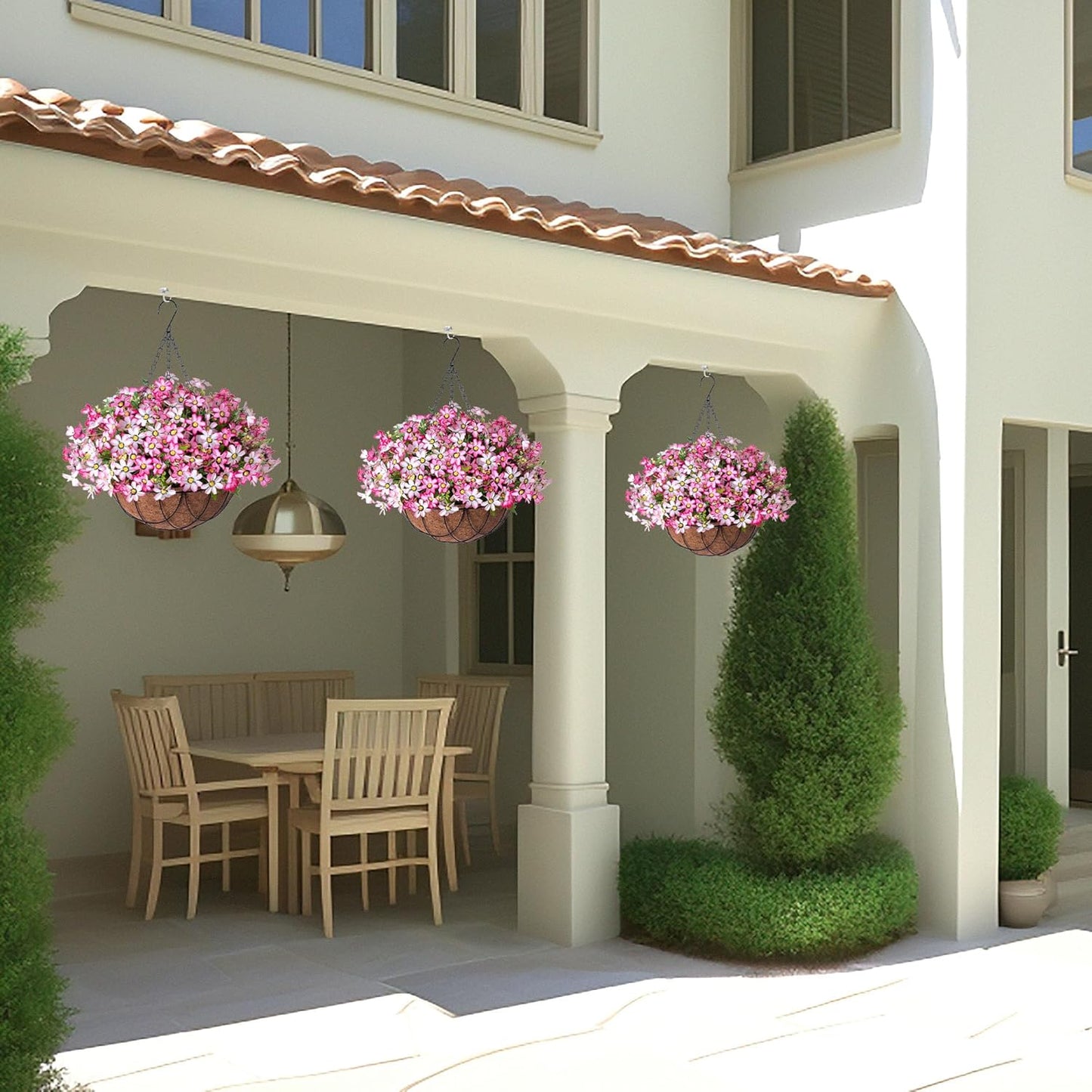 Artificial Silk Flowers Hanging Baskets Outdoors Indoors,Chrysanthemum with Eucalyptus Leaves Arrangement for Garden Yard Spring Summer Decor,Faux Plant in Metal Coconut Lining Flowerpot(Pink)