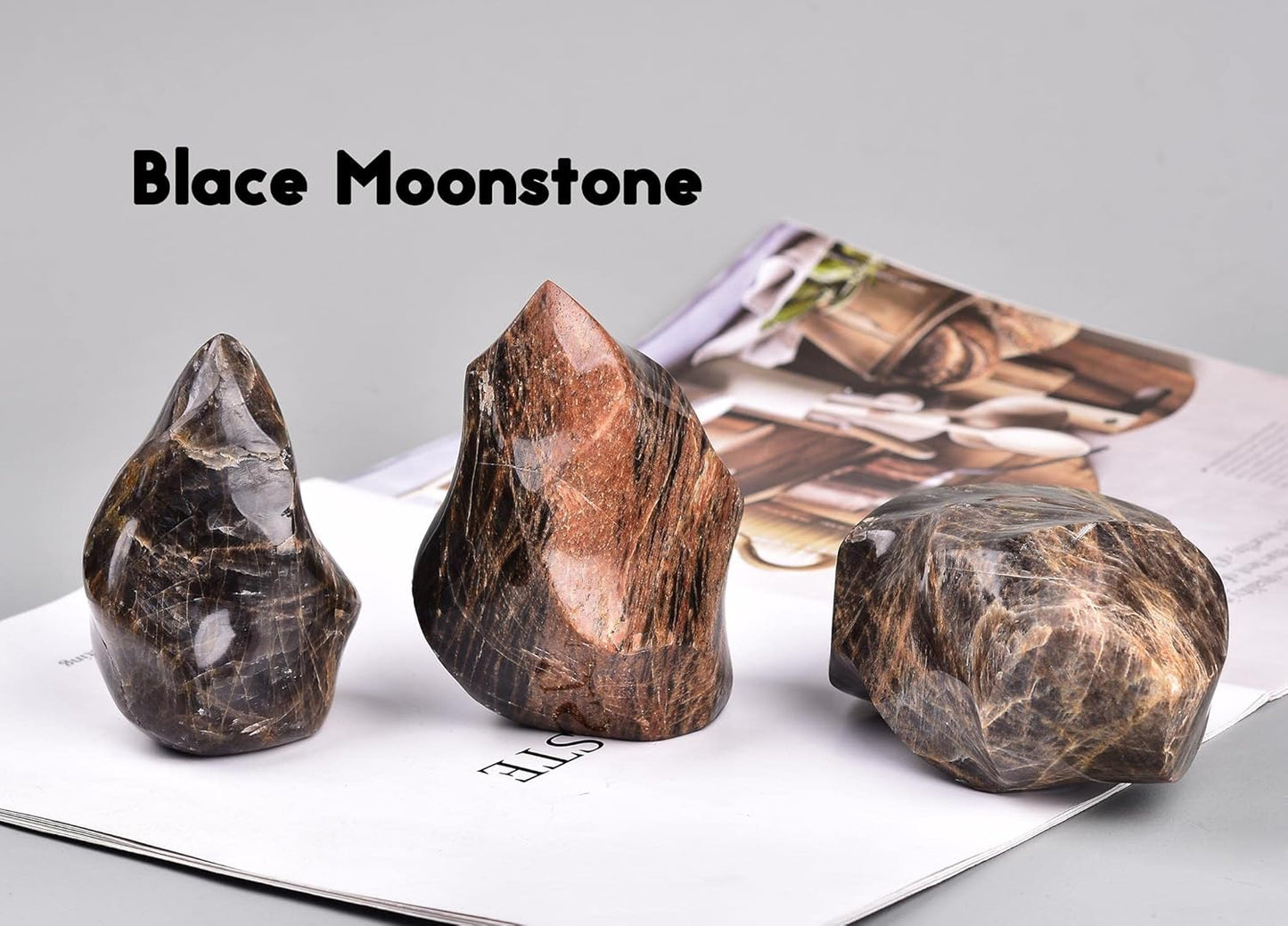 AMOYSTONE Black Moonstone Flame Shaped Towers Large Healing Crystal Stone Home Decor 2-2.8LBS