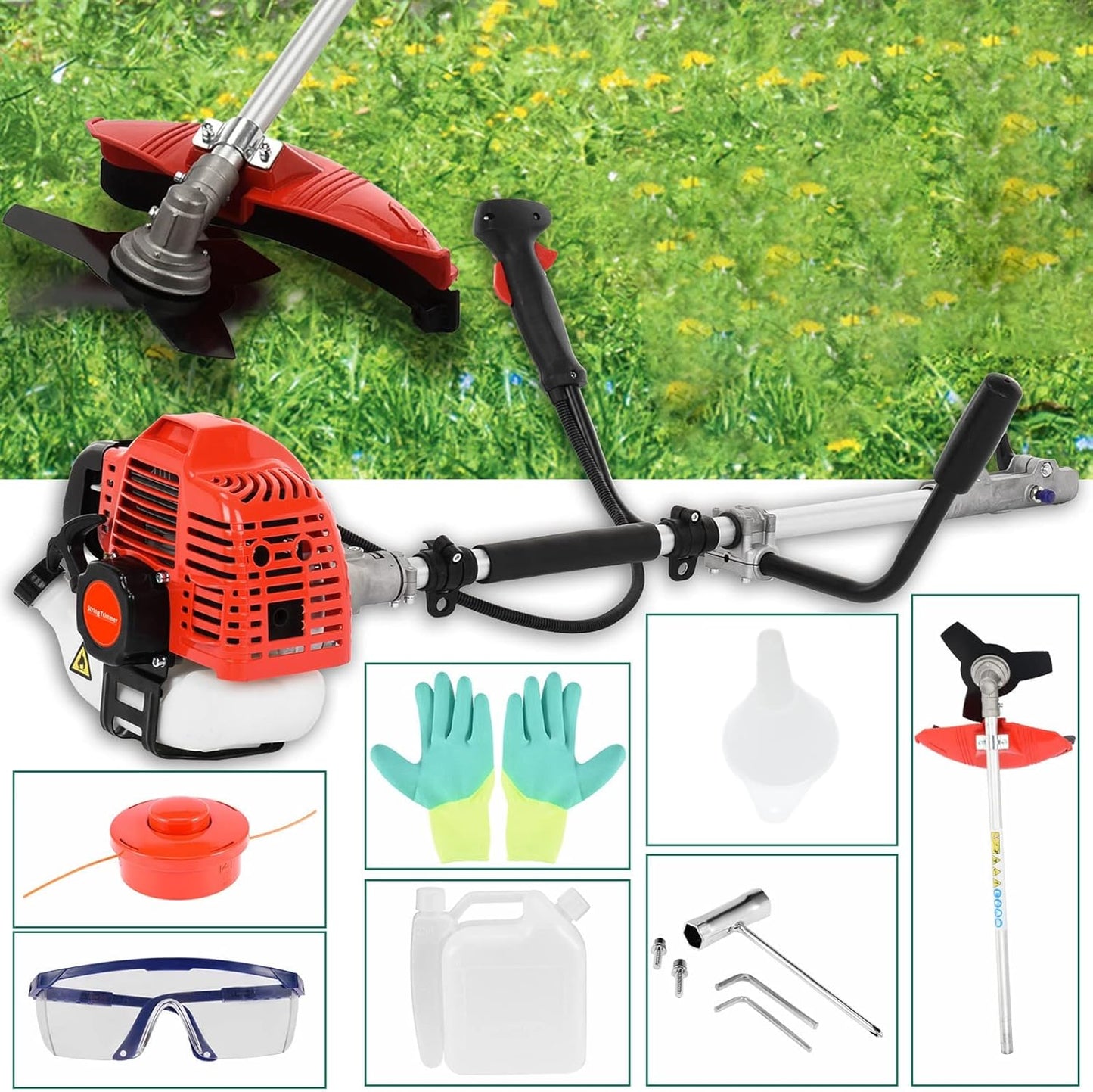 String Trimmer,52cc 2-Cycle Gas Powered Backpack Brush Cutter - 2-in-1 Multi-Function Trimmer with Pole Saw, Hedge Trimmer & Grass Blade for Professional Garden Yard Maintenance (USA Stock)