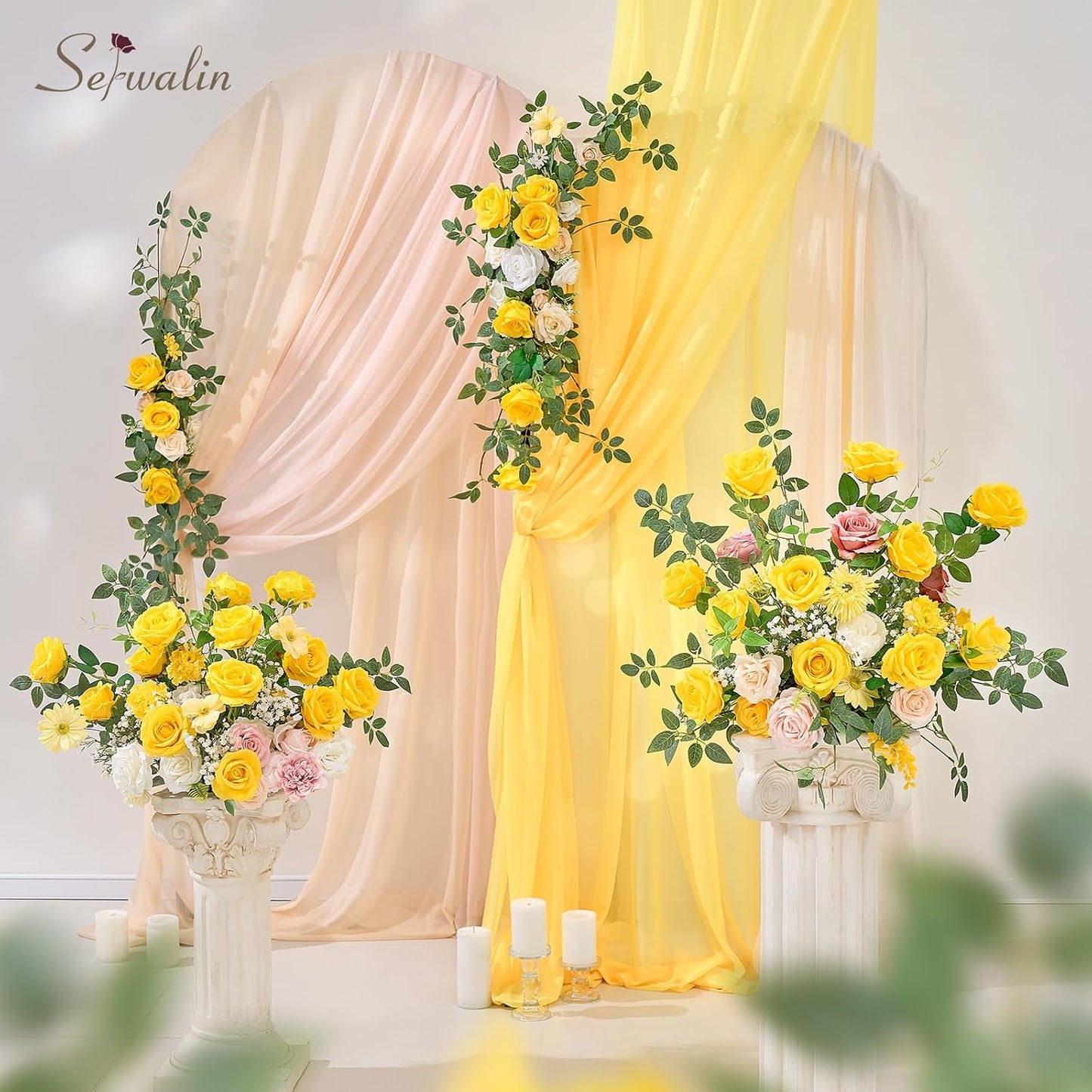 Serwalin 20pcs Artificial Yellow Roses, 4''Big Velvet Flower Head Fake Roses, Realistic Silk Roses Real Touch Bouquet Long Stems for Mother, Wedding Home Decor and Table Centerpiece